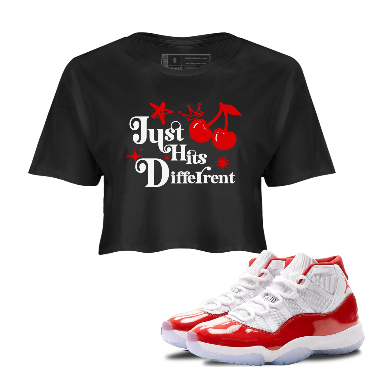 11s Cherry shirts to match jordans Just Hits Different sneaker match tees Air Jordan 11 Retro Cherry match shoes to clothes Drip Gear Zone unisex cotton Black 1 crop tee