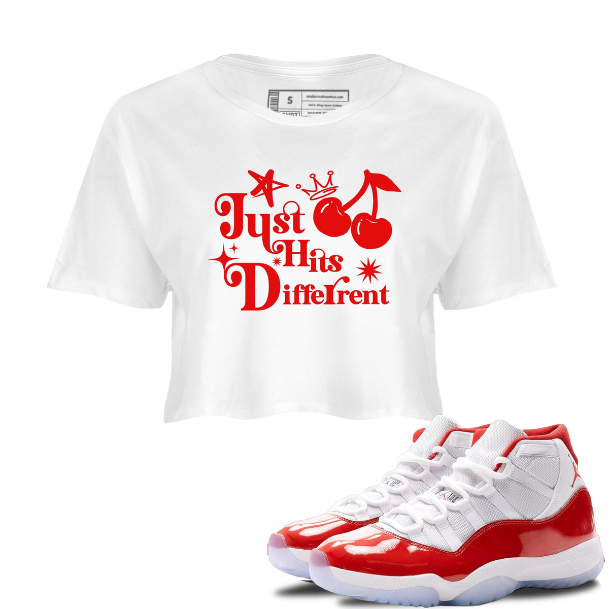 11s Cherry shirts to match jordans Just Hits Different sneaker match tees Air Jordan 11 Retro Cherry match shoes to clothes Drip Gear Zone unisex cotton White 1 crop tee