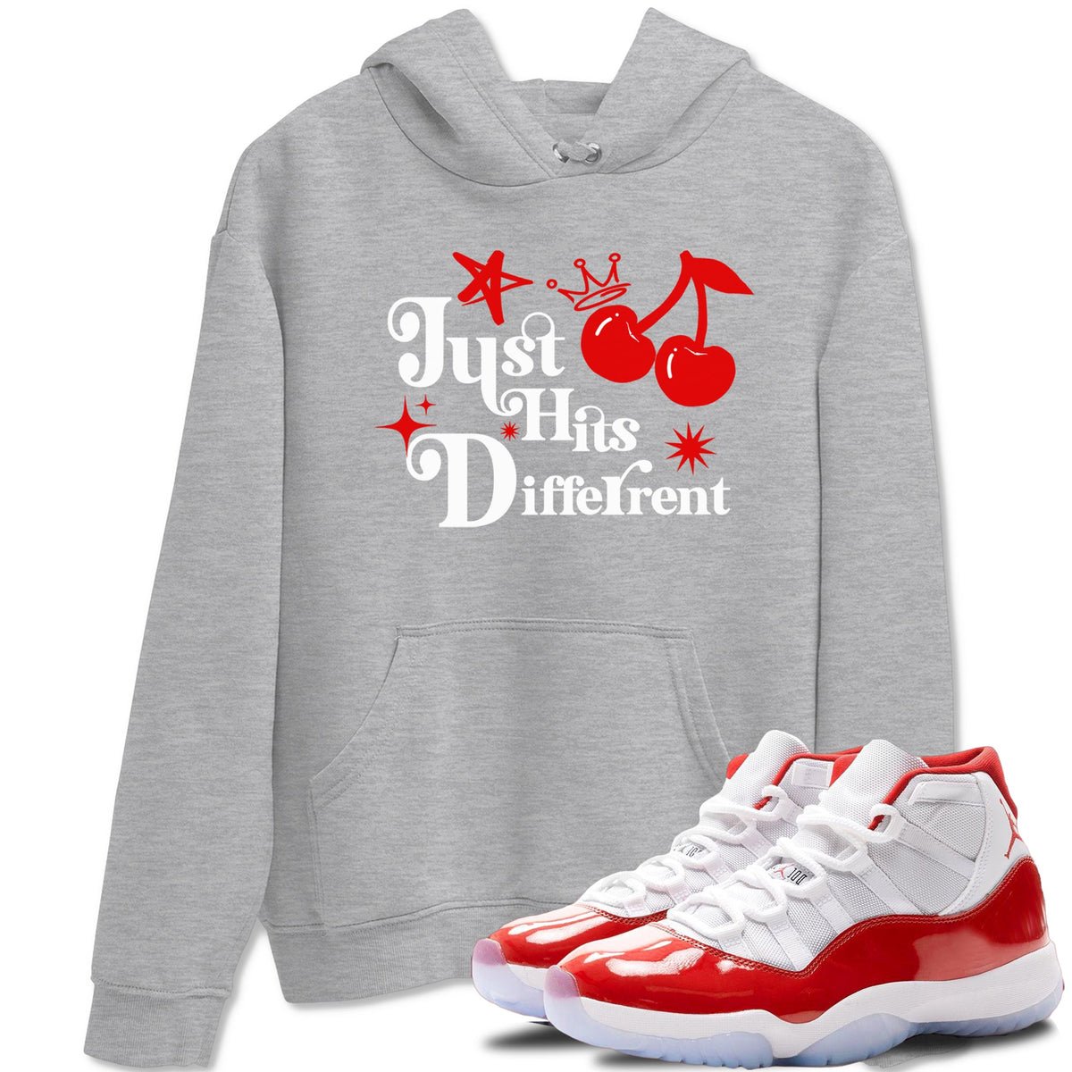 11s Cherry shirts to match jordans Just Hits Different sneaker match tees Air Jordan 11 Retro Cherry match shoes to clothes Drip Gear Zone unisex cotton Heather Grey 1 shirts