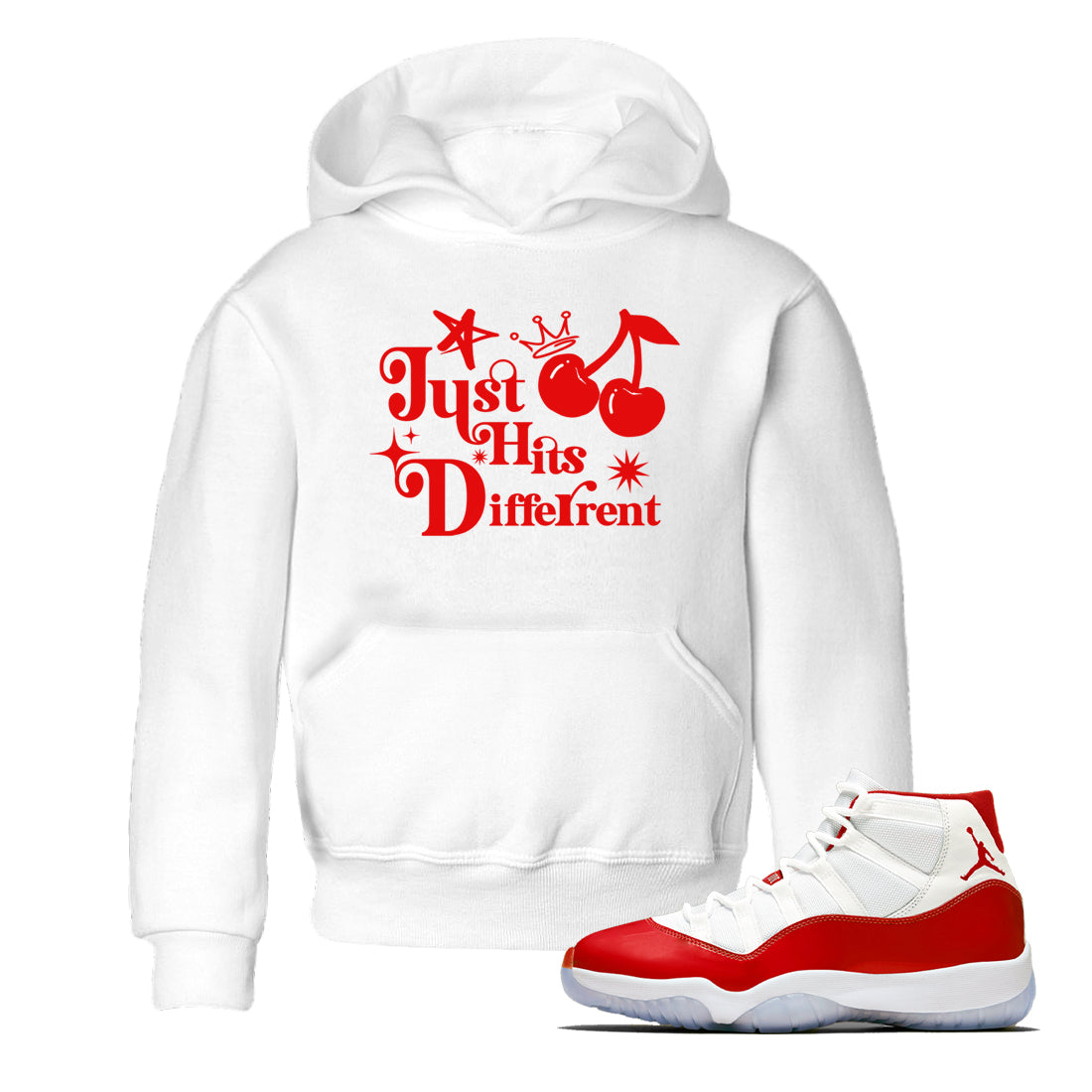 11s Cherry shirts to match jordans Just Hits Different sneaker match tees Air Jordan 11 Retro Cherry match shoes to clothes Drip Gear Zone Youth Baby White 1 tee
