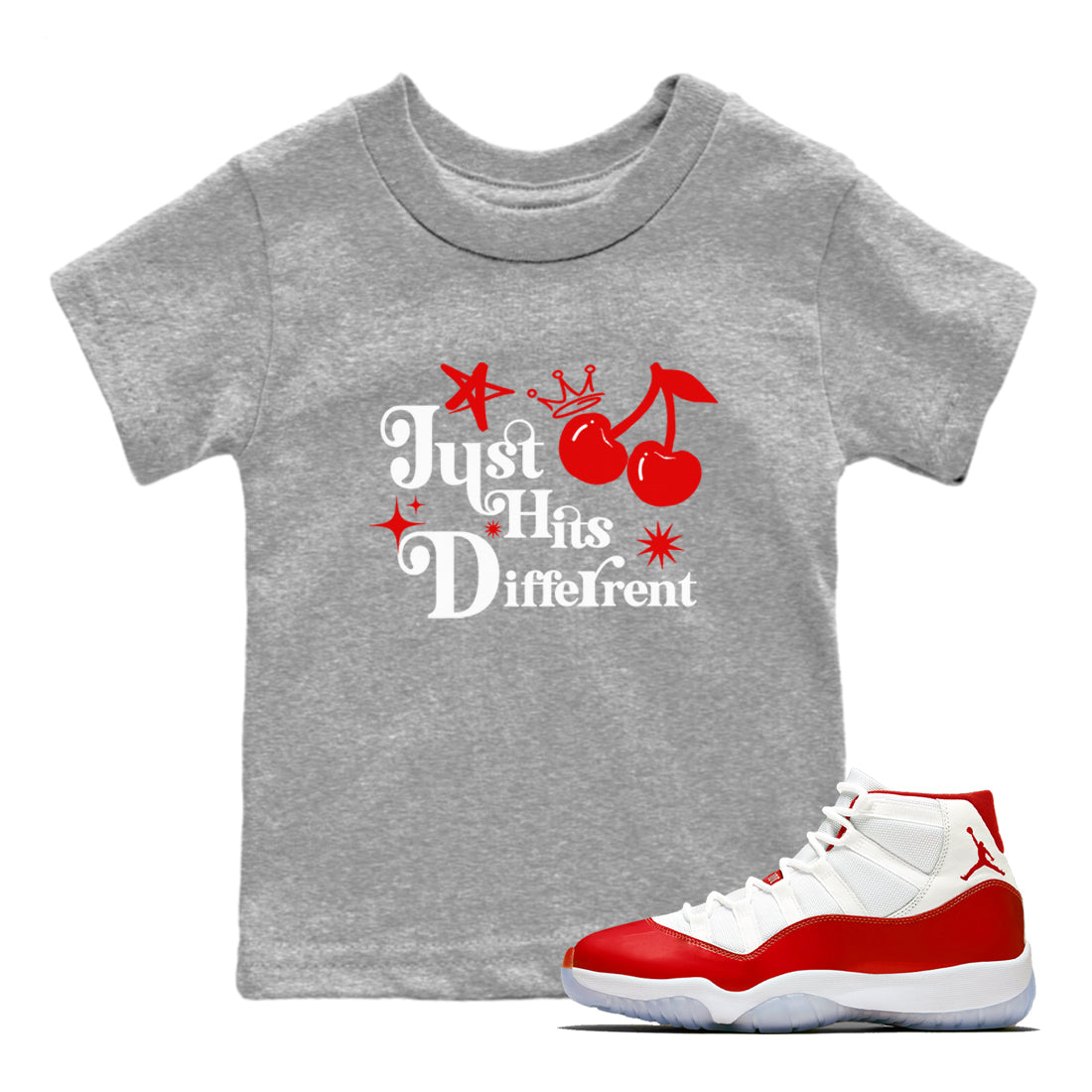 11s Cherry shirts to match jordans Just Hits Different sneaker match tees Air Jordan 11 Retro Cherry match shoes to clothes Drip Gear Zone Youth Baby Heather Grey 1 tee
