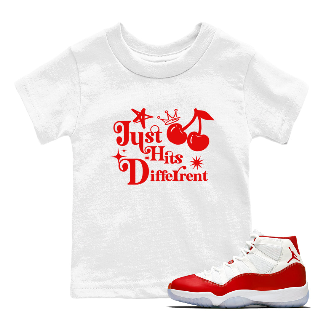 11s Cherry shirts to match jordans Just Hits Different sneaker match tees Air Jordan 11 Retro Cherry match shoes to clothes Drip Gear Zone Youth Baby White 1 tee