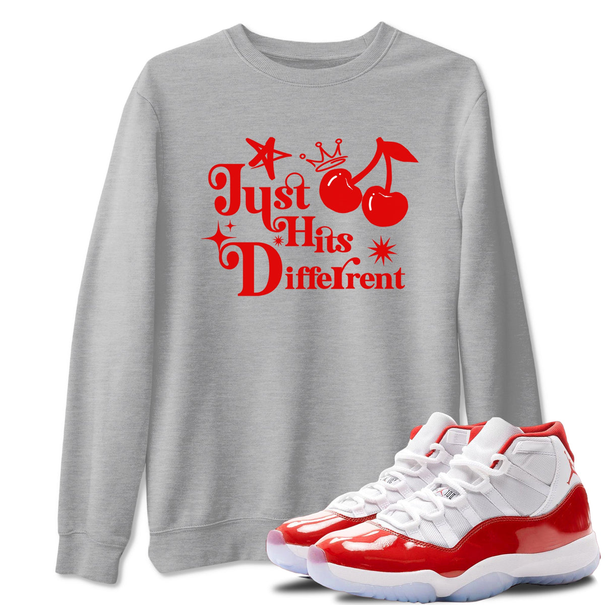 11s Cherry shirts to match jordans Just Hits Different sneaker match tees Air Jordan 11 Retro Cherry match shoes to clothes Drip Gear Zone unisex cotton Heather Grey 1 shirts