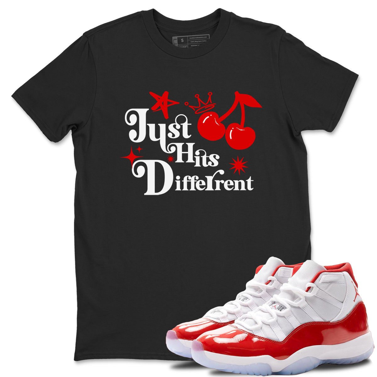 11s Cherry shirts to match jordans Just Hits Different sneaker match tees Air Jordan 11 Retro Cherry match shoes to clothes Drip Gear Zone unisex cotton Black 1 shirts