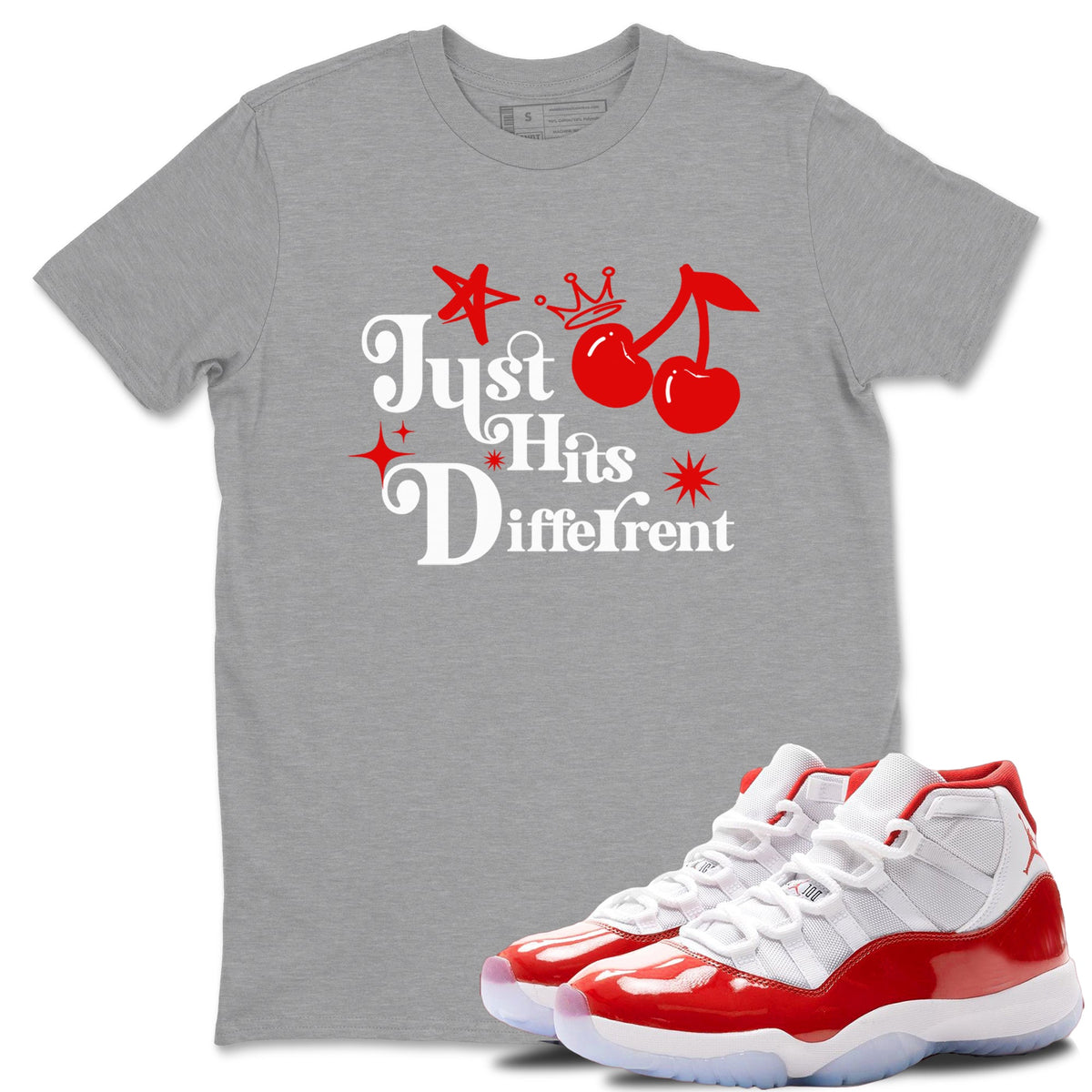 11s Cherry shirts to match jordans Just Hits Different sneaker match tees Air Jordan 11 Retro Cherry match shoes to clothes Drip Gear Zone unisex cotton Heather Grey 1 shirts