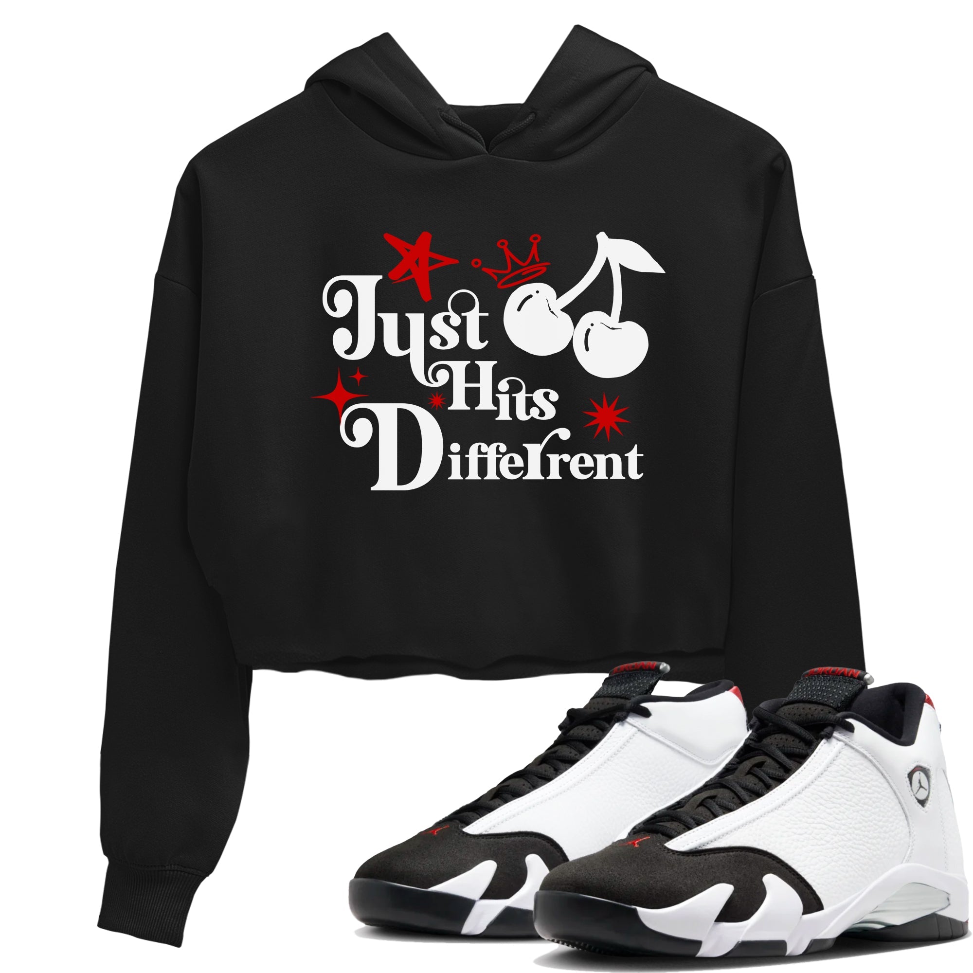 Air Jordan 14 Black Toe t shirts to match sneakers Just Hits Different sneaker match tees 14s Black Toe sneaker match tee Drip Gear Zone unisex cotton Black 1 crop tee