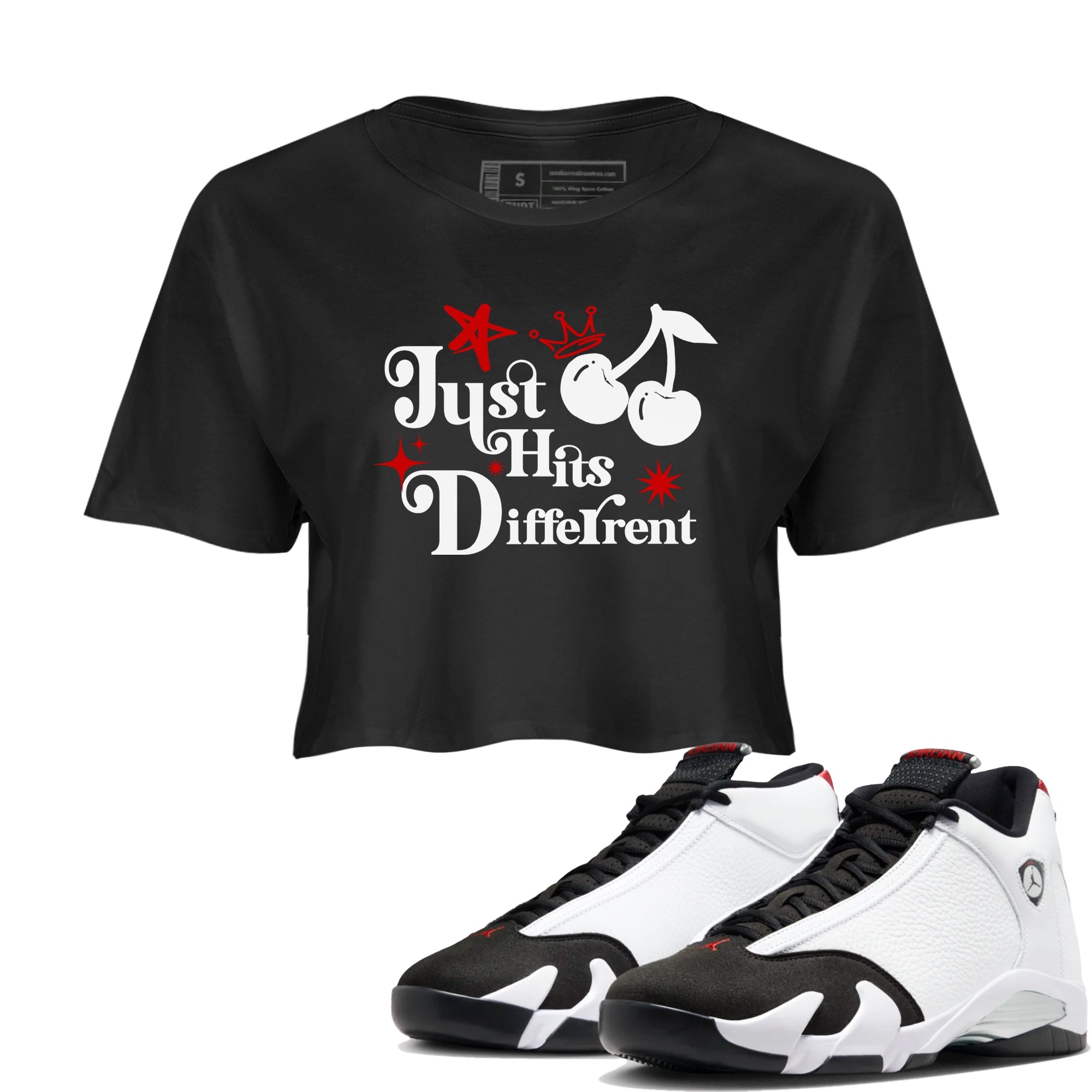 Air Jordan 14 Black Toe t shirts to match sneakers Just Hits Different sneaker match tees 14s Black Toe sneaker match tee Drip Gear Zone unisex cotton Black 1 crop tee