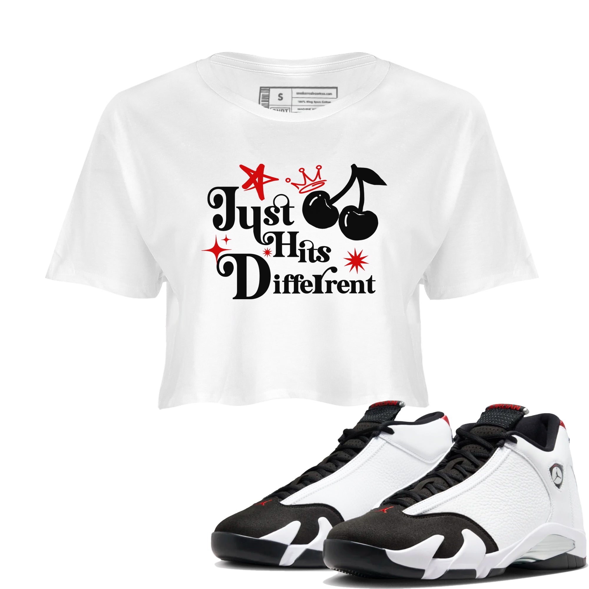 Air Jordan 14 Black Toe t shirts to match sneakers Just Hits Different sneaker match tees 14s Black Toe sneaker match tee Drip Gear Zone unisex cotton White 1 crop tee