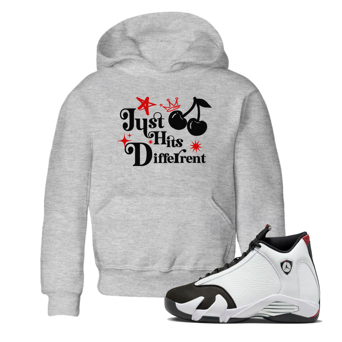 Air Jordan 14 Black Toe t shirts to match sneakers Just Hits Different sneaker match tees 14s Black Toe sneaker match tee Drip Gear Zone Youth Baby Heather Grey 1 tee