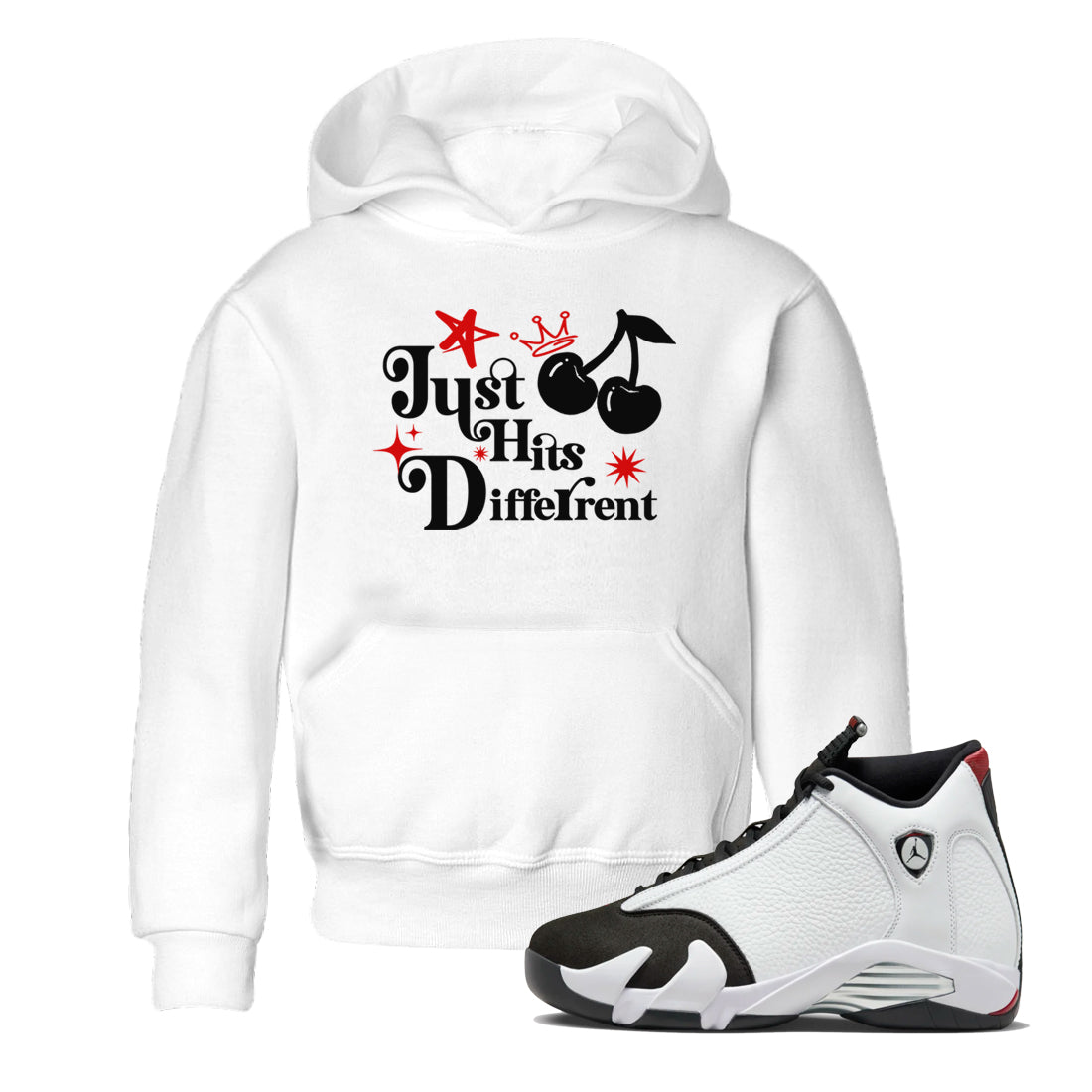 Air Jordan 14 Black Toe t shirts to match sneakers Just Hits Different sneaker match tees 14s Black Toe sneaker match tee Drip Gear Zone Youth Baby White 1 tee