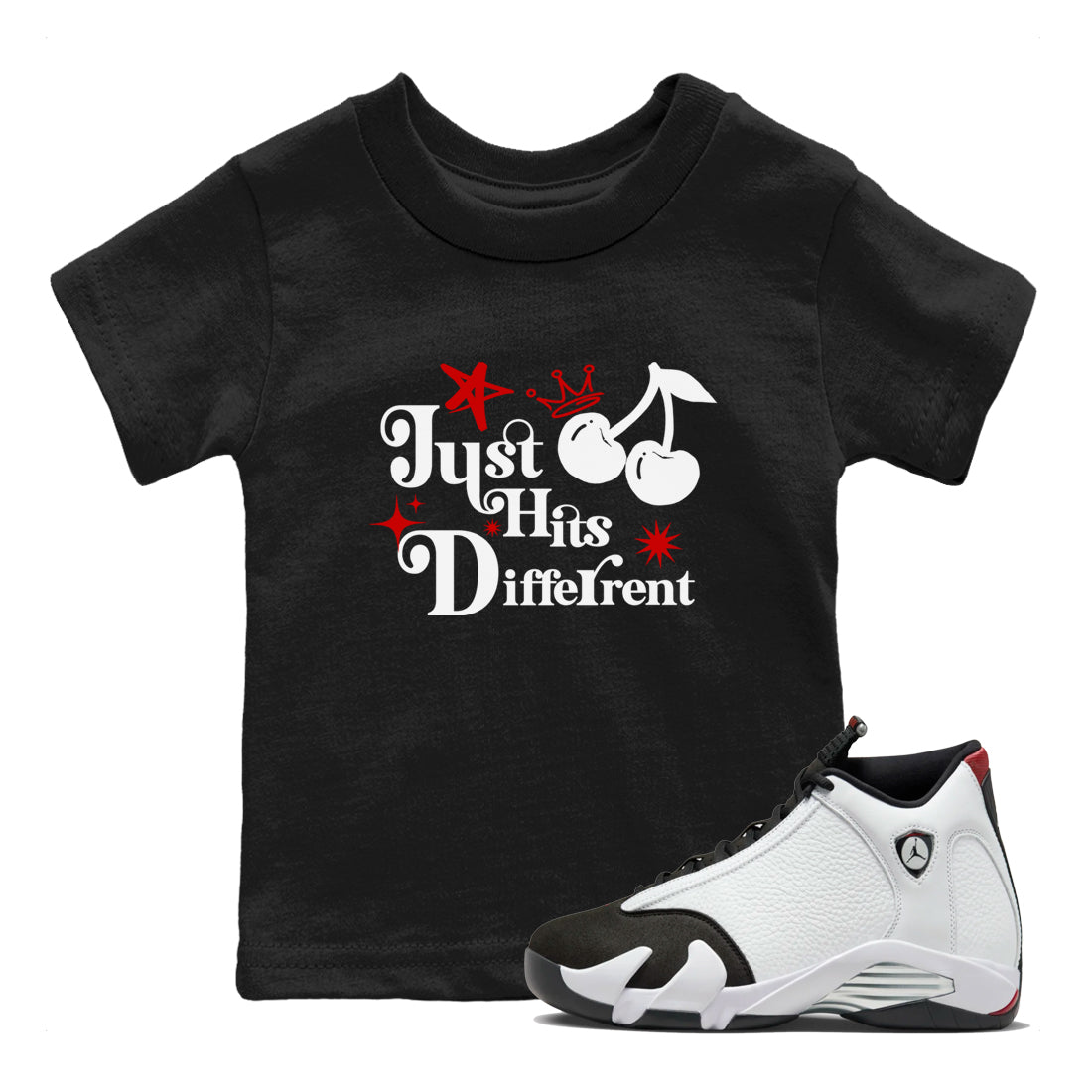 Air Jordan 14 Black Toe t shirts to match sneakers Just Hits Different sneaker match tees 14s Black Toe sneaker match tee Drip Gear Zone Youth Baby Black 1 tee