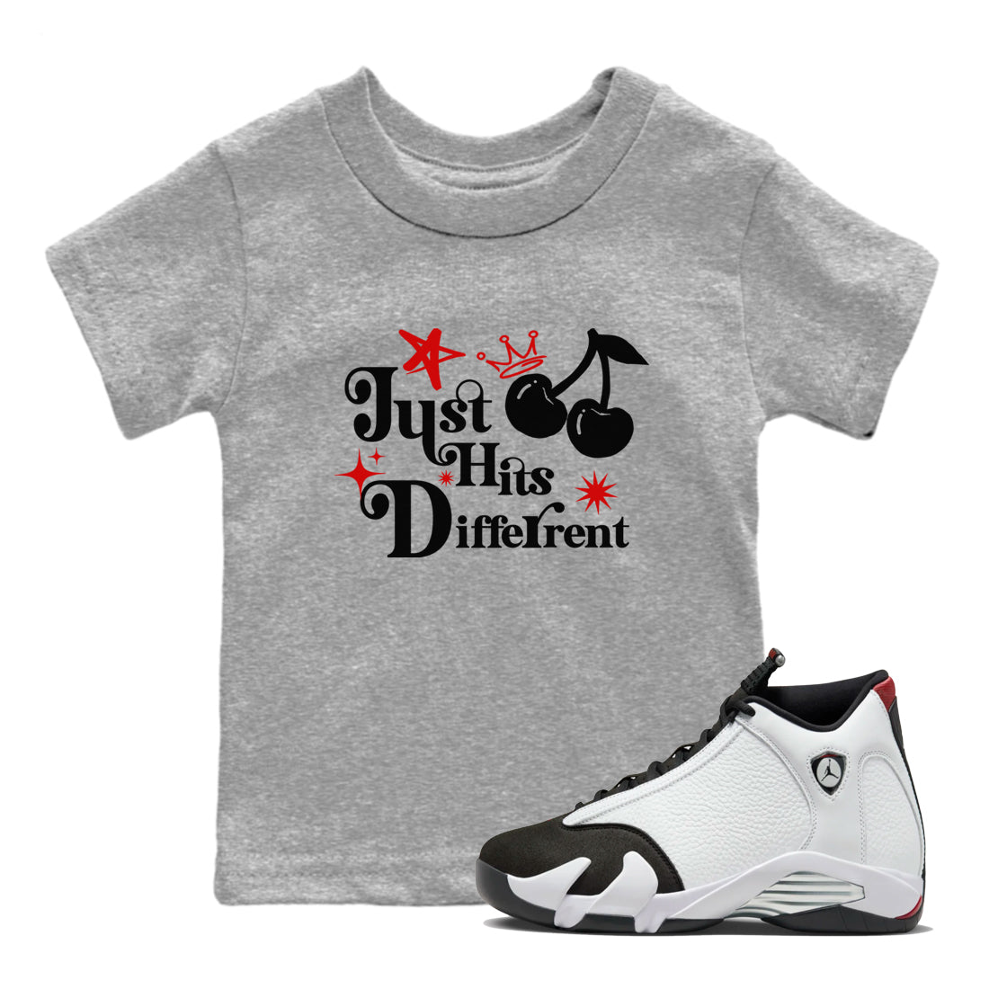 Air Jordan 14 Black Toe t shirts to match sneakers Just Hits Different sneaker match tees 14s Black Toe sneaker match tee Drip Gear Zone Youth Baby Heather Grey 1 tee