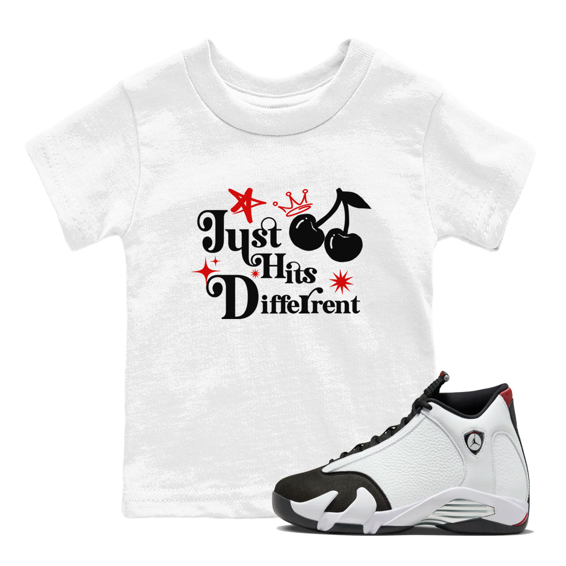 Air Jordan 14 Black Toe t shirts to match sneakers Just Hits Different sneaker match tees 14s Black Toe sneaker match tee Drip Gear Zone Youth Baby White 1 tee