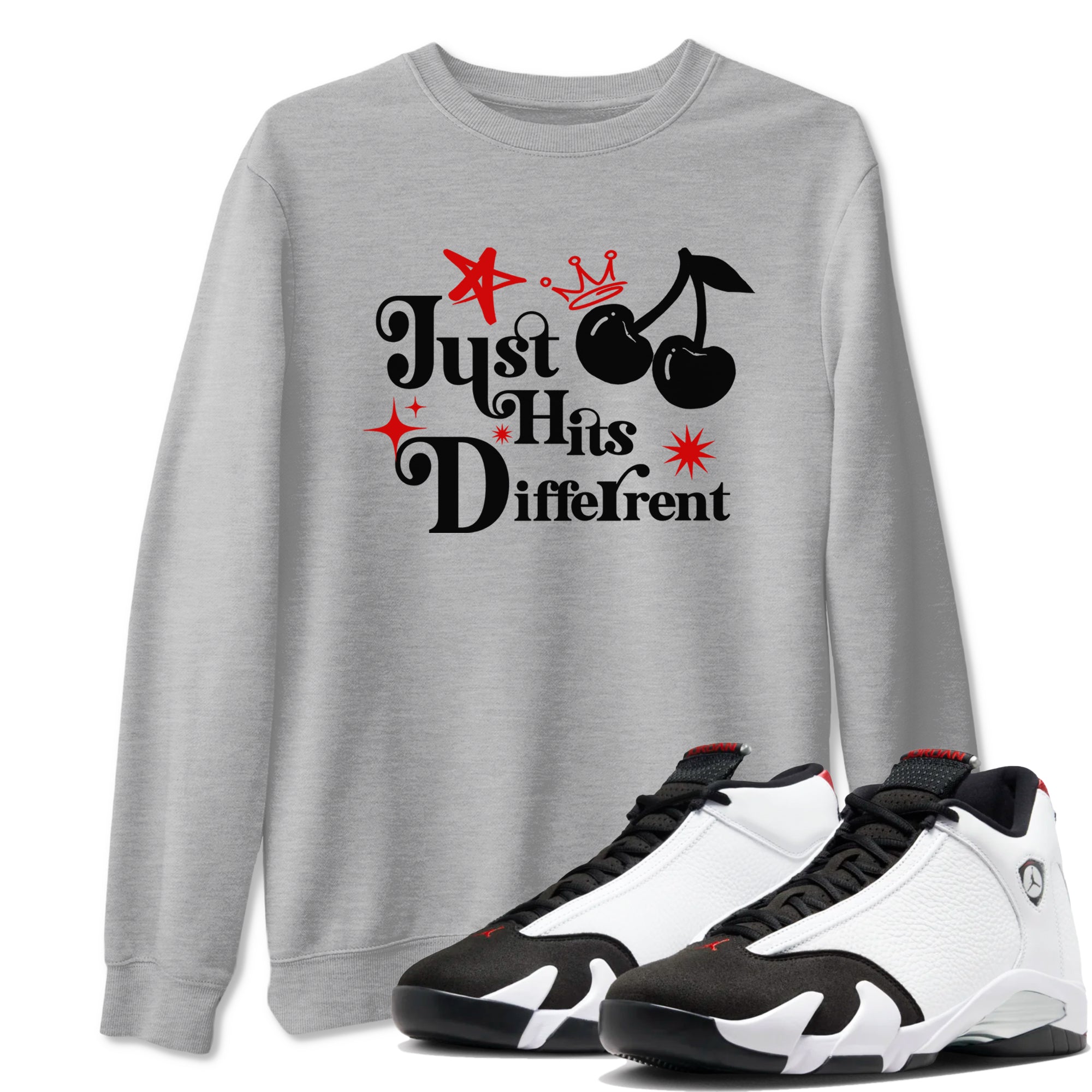 Air Jordan 14 Black Toe t shirts to match sneakers Just Hits Different sneaker match tees 14s Black Toe sneaker match tee Drip Gear Zone unisex cotton Heather Grey 1 shirts