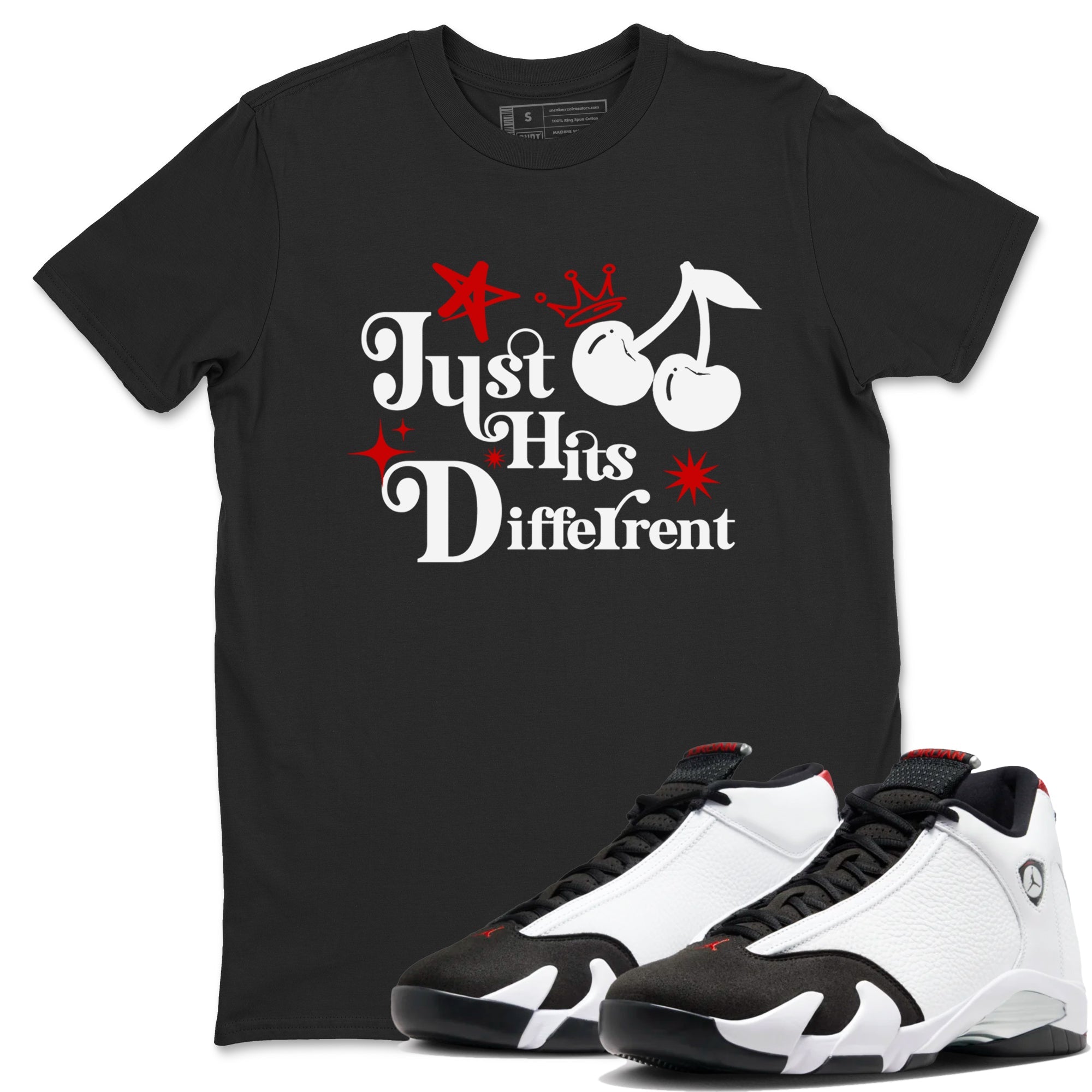 Air Jordan 14 Black Toe t shirts to match sneakers Just Hits Different sneaker match tees 14s Black Toe sneaker match tee Drip Gear Zone unisex cotton Black 1 shirts