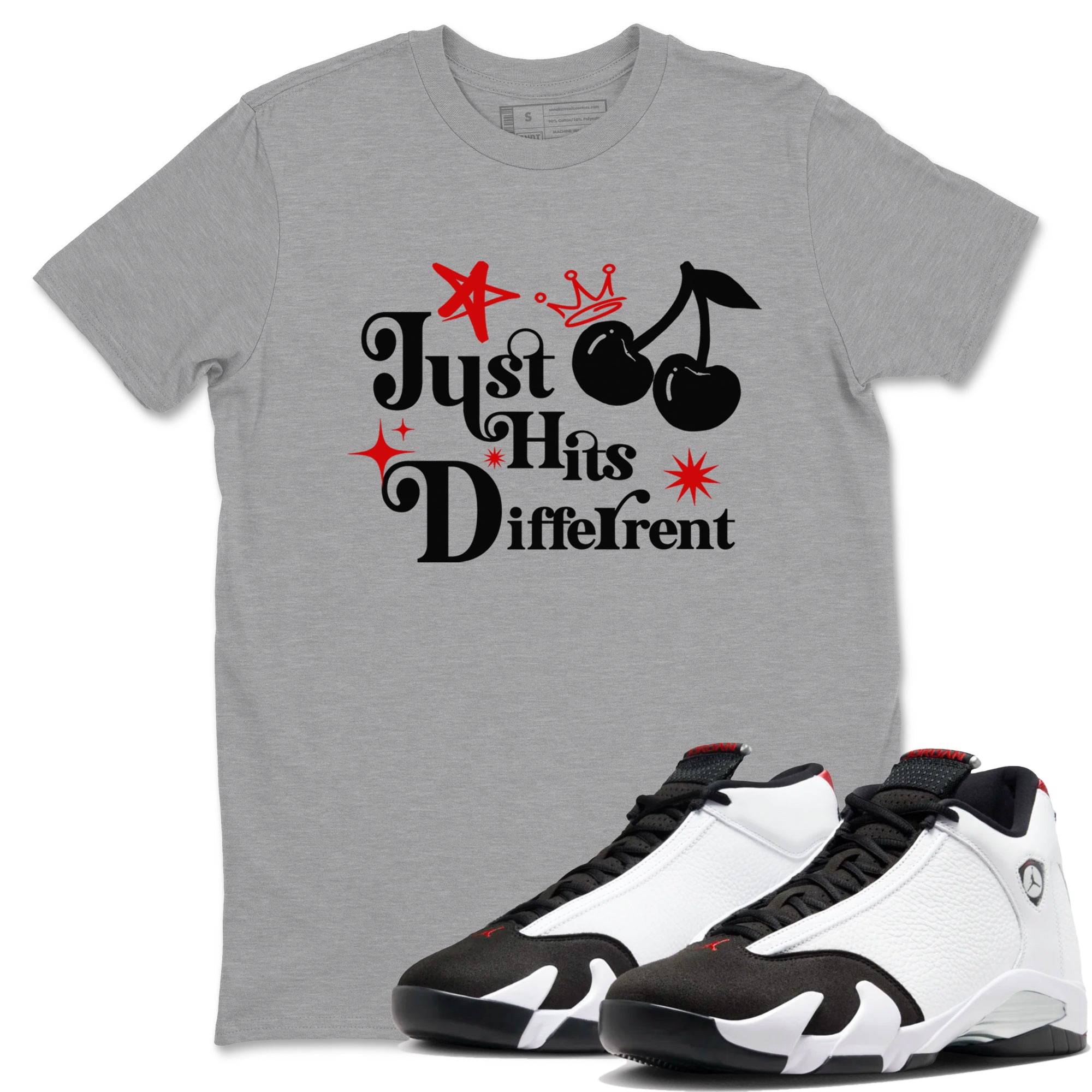 Air Jordan 14 Black Toe t shirts to match sneakers Just Hits Different sneaker match tees 14s Black Toe sneaker match tee Drip Gear Zone unisex cotton Heather Grey 1 shirts
