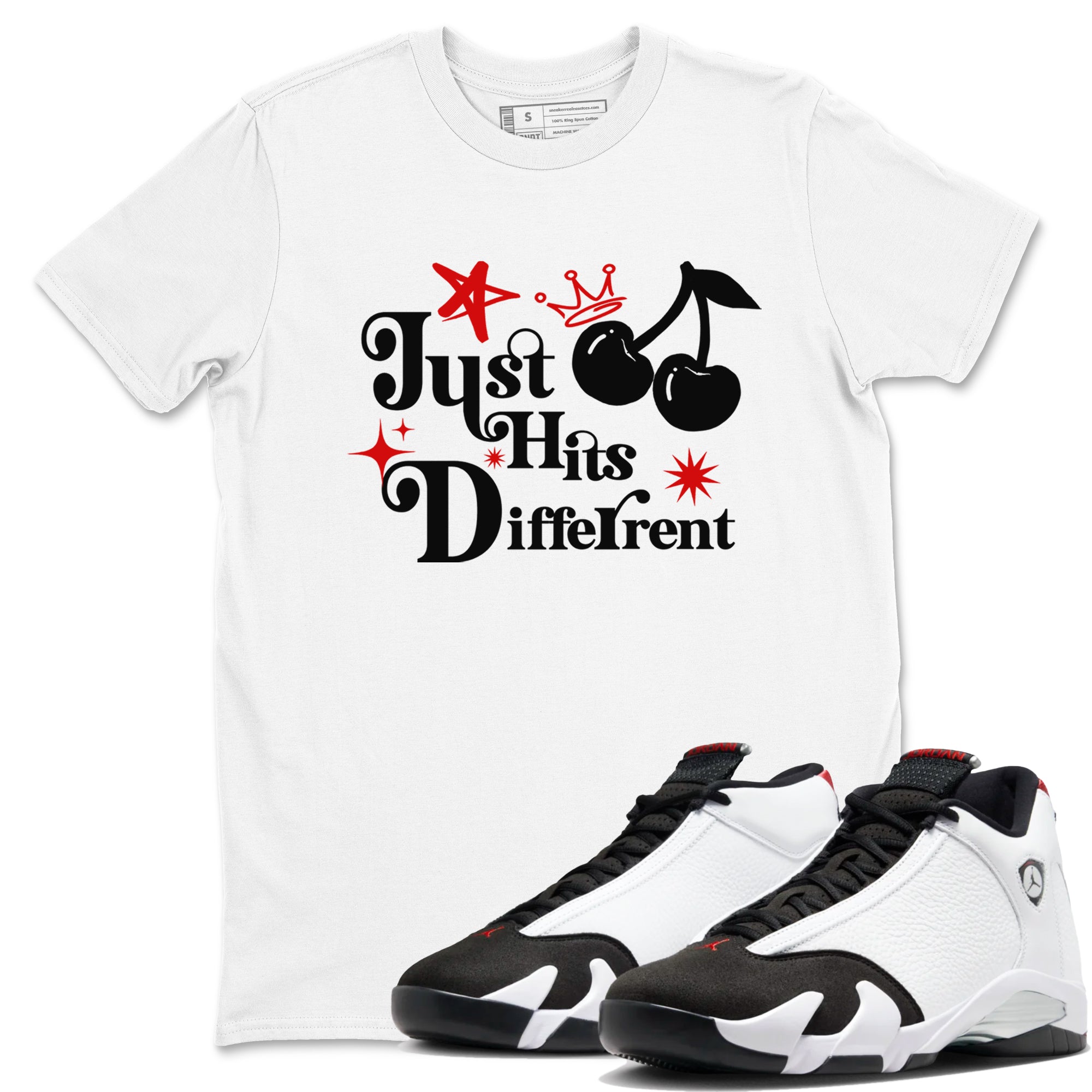 Air Jordan 14 Black Toe t shirts to match sneakers Just Hits Different sneaker match tees 14s Black Toe sneaker match tee Drip Gear Zone unisex cotton White 1 shirts