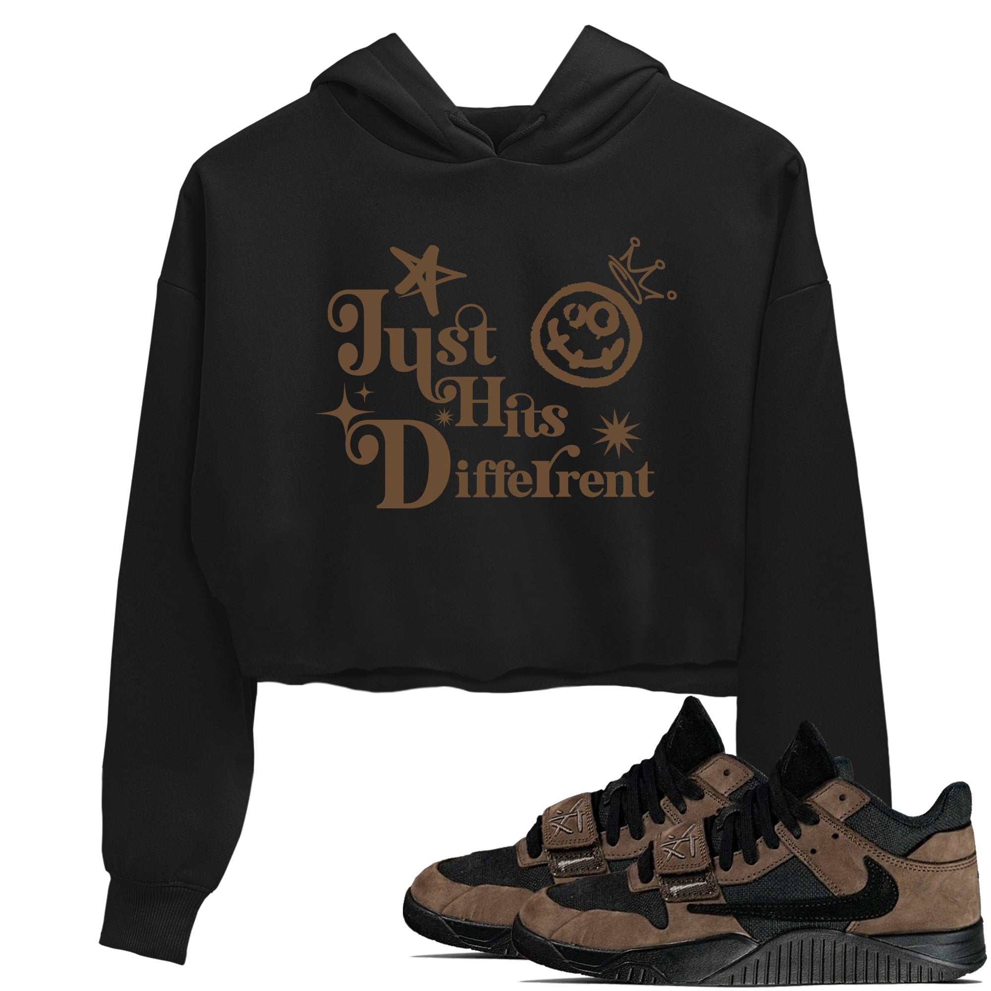 Jordan Jumpman Jack Travis Scott Dark Mocha shirts to match jordans Just Hits Different sneaker match tees Jordan Jumpman Jack Travis Scott Dark Mocha match shoes to clothes Drip Gear Zone unisex cotton Black 1 crop tee