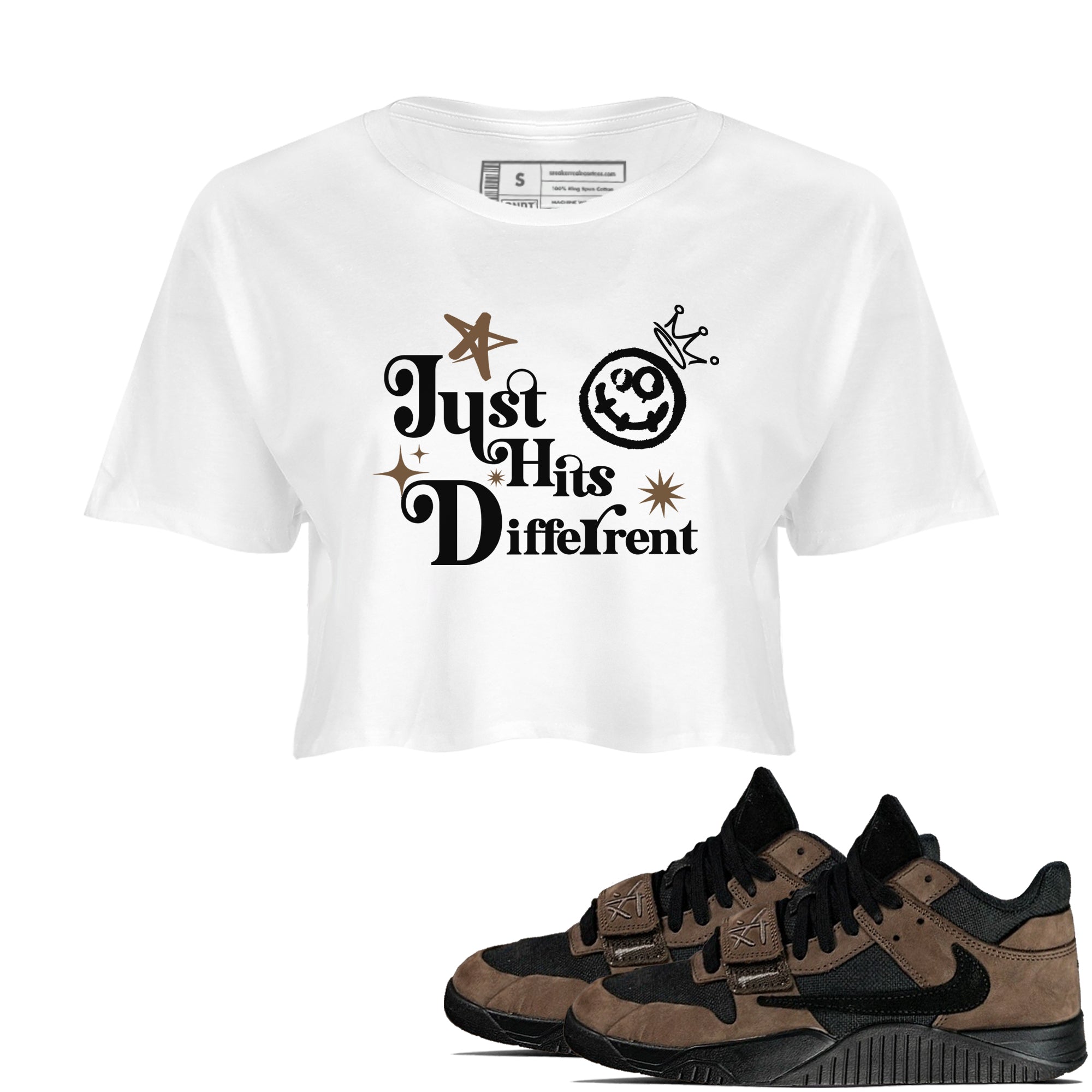 Jordan Jumpman Jack Travis Scott Dark Mocha shirts to match jordans Just Hits Different sneaker match tees Jordan Jumpman Jack Travis Scott Dark Mocha match shoes to clothes Drip Gear Zone unisex cotton White 1 crop tee