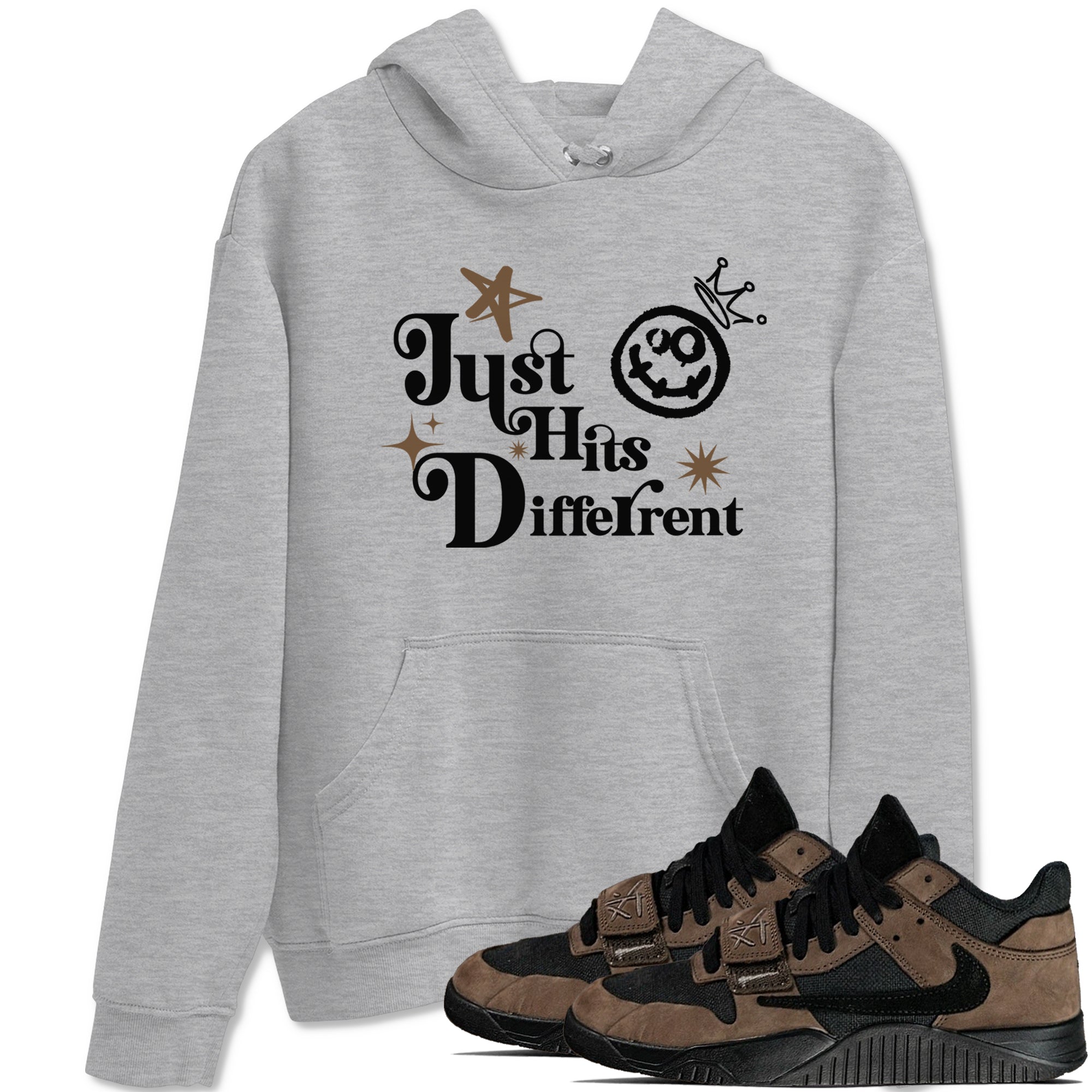 Jordan Jumpman Jack Travis Scott Dark Mocha shirts to match jordans Just Hits Different sneaker match tees Jordan Jumpman Jack Travis Scott Dark Mocha match shoes to clothes Drip Gear Zone unisex cotton Heather Grey 1 shirts