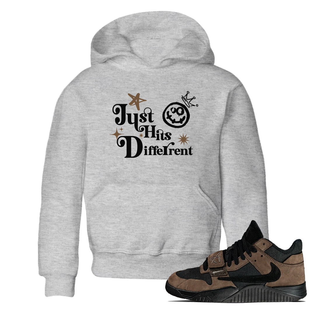 Jordan Jumpman Jack Travis Scott Dark Mocha shirts to match jordans Just Hits Different sneaker match tees Jordan Jumpman Jack Travis Scott Dark Mocha match shoes to clothes Drip Gear Zone Youth Baby Heather Grey 1 tee