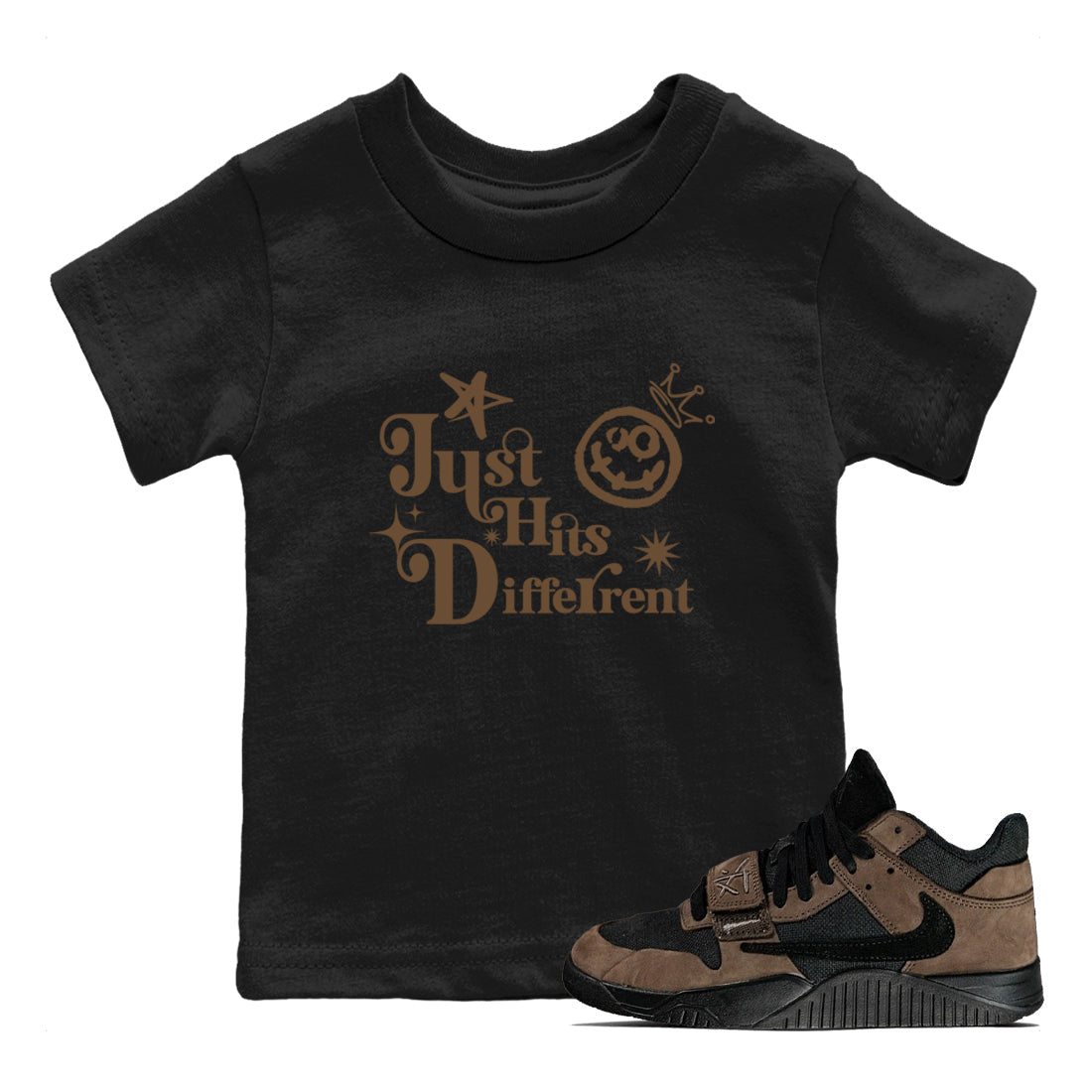 Jordan Jumpman Jack Travis Scott Dark Mocha shirts to match jordans Just Hits Different sneaker match tees Jordan Jumpman Jack Travis Scott Dark Mocha match shoes to clothes Drip Gear Zone Youth Baby Black 1 tee