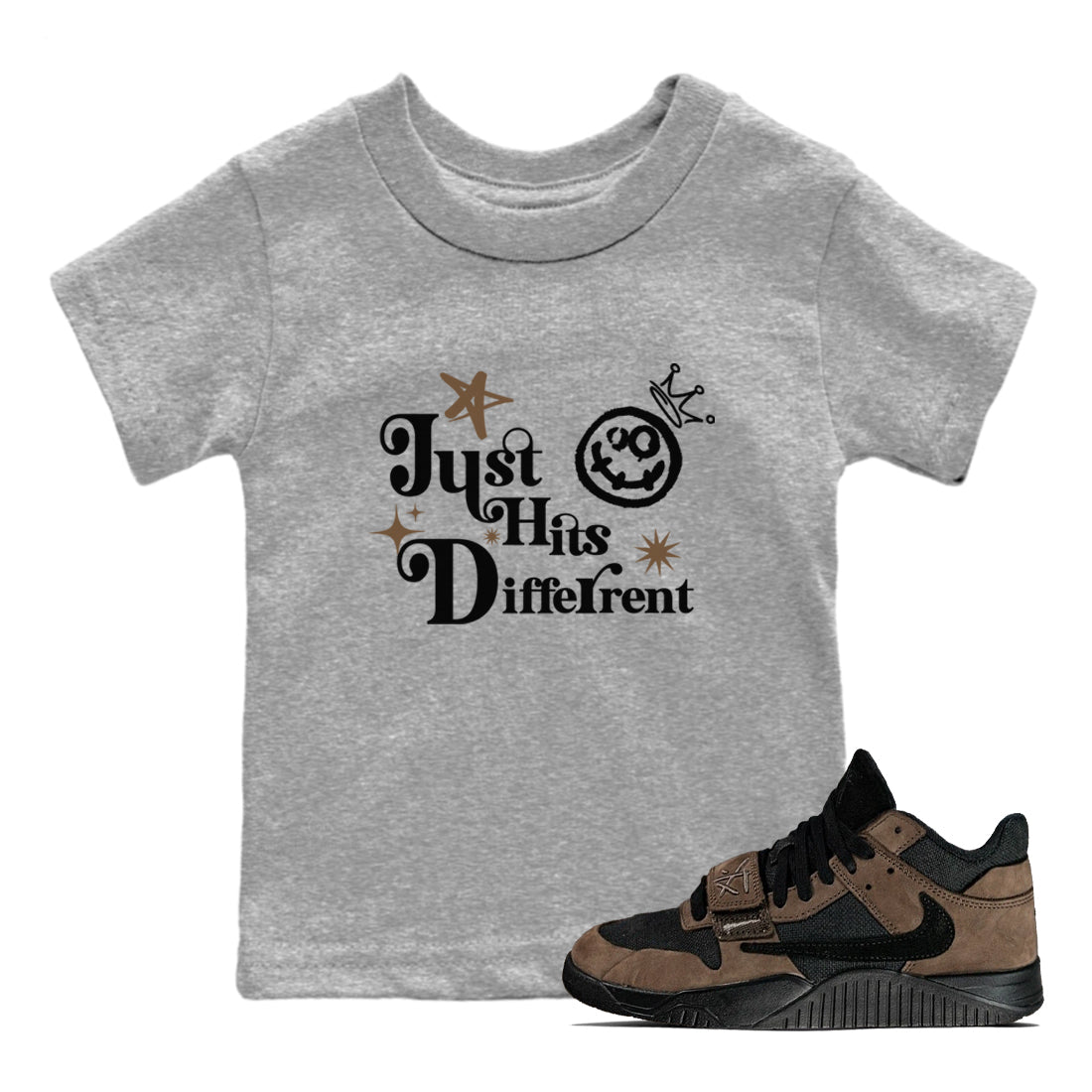 Jordan Jumpman Jack Travis Scott Dark Mocha shirts to match jordans Just Hits Different sneaker match tees Jordan Jumpman Jack Travis Scott Dark Mocha match shoes to clothes Drip Gear Zone Youth Baby Heather Grey 1 tee