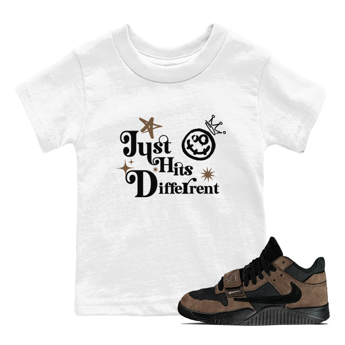 Jordan Jumpman Jack Travis Scott Dark Mocha shirts to match jordans Just Hits Different sneaker match tees Jordan Jumpman Jack Travis Scott Dark Mocha match shoes to clothes Drip Gear Zone Youth Baby White 1 tee