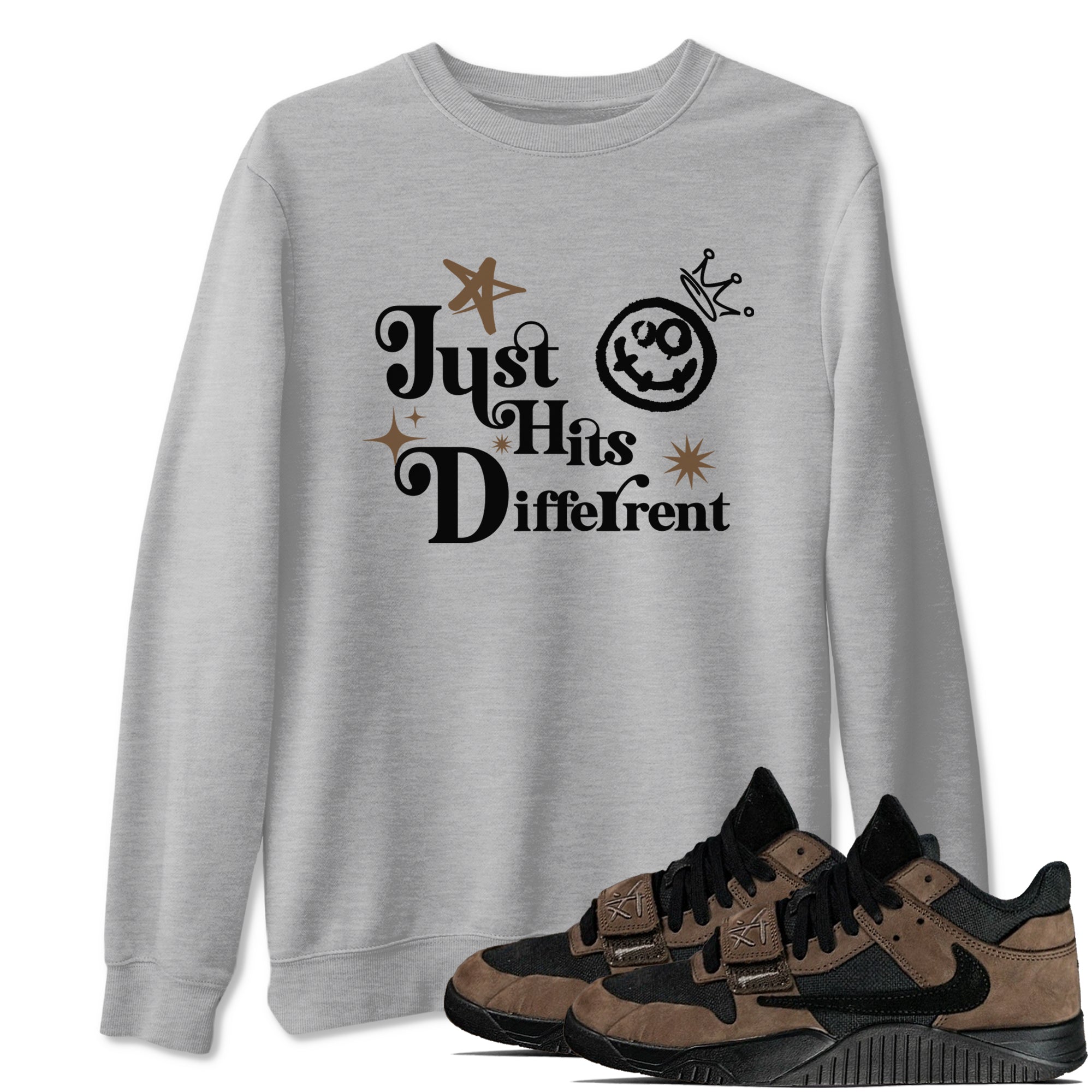 Jordan Jumpman Jack Travis Scott Dark Mocha shirts to match jordans Just Hits Different sneaker match tees Jordan Jumpman Jack Travis Scott Dark Mocha match shoes to clothes Drip Gear Zone unisex cotton Heather Grey 1 shirts