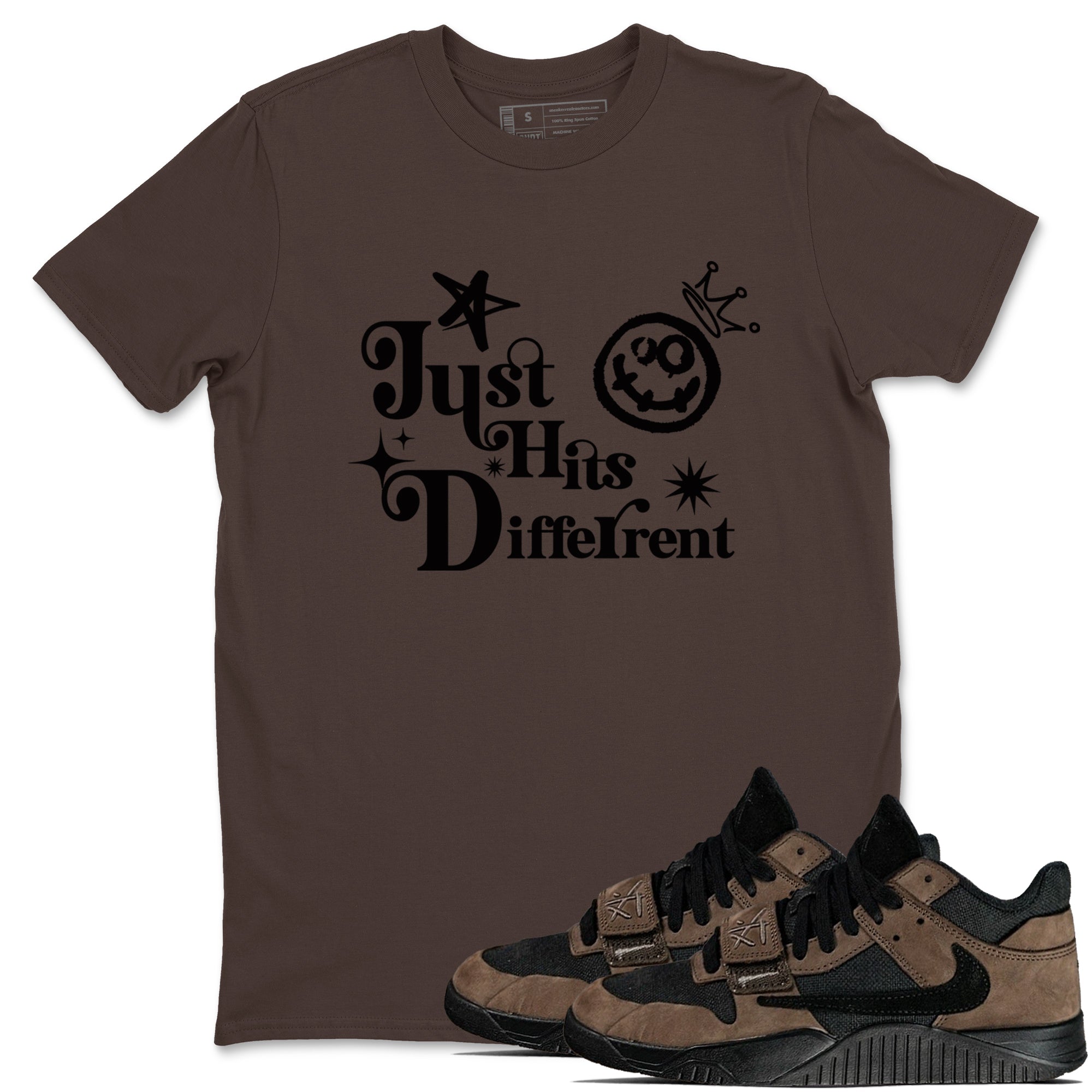 Jordan Jumpman Jack Travis Scott Dark Mocha shirts to match jordans Just Hits Different sneaker match tees Jordan Jumpman Jack Travis Scott Dark Mocha match shoes to clothes Drip Gear Zone unisex cotton Dark Chocolate 1 shirts