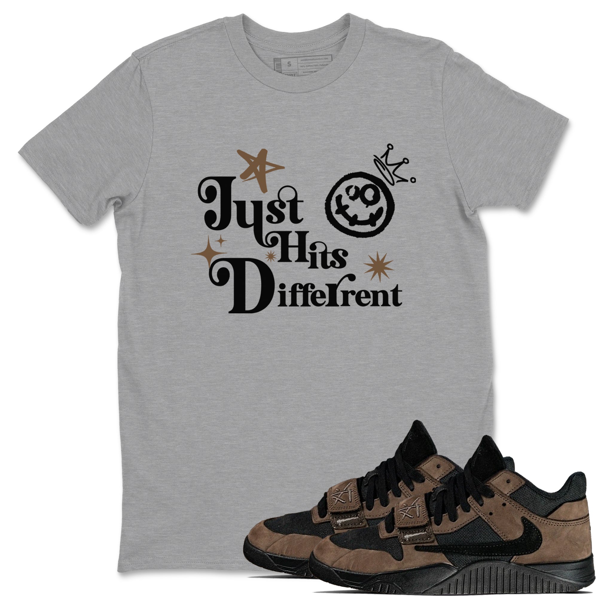 Jordan Jumpman Jack Travis Scott Dark Mocha shirts to match jordans Just Hits Different sneaker match tees Jordan Jumpman Jack Travis Scott Dark Mocha match shoes to clothes Drip Gear Zone unisex cotton Heather Grey 1 shirts