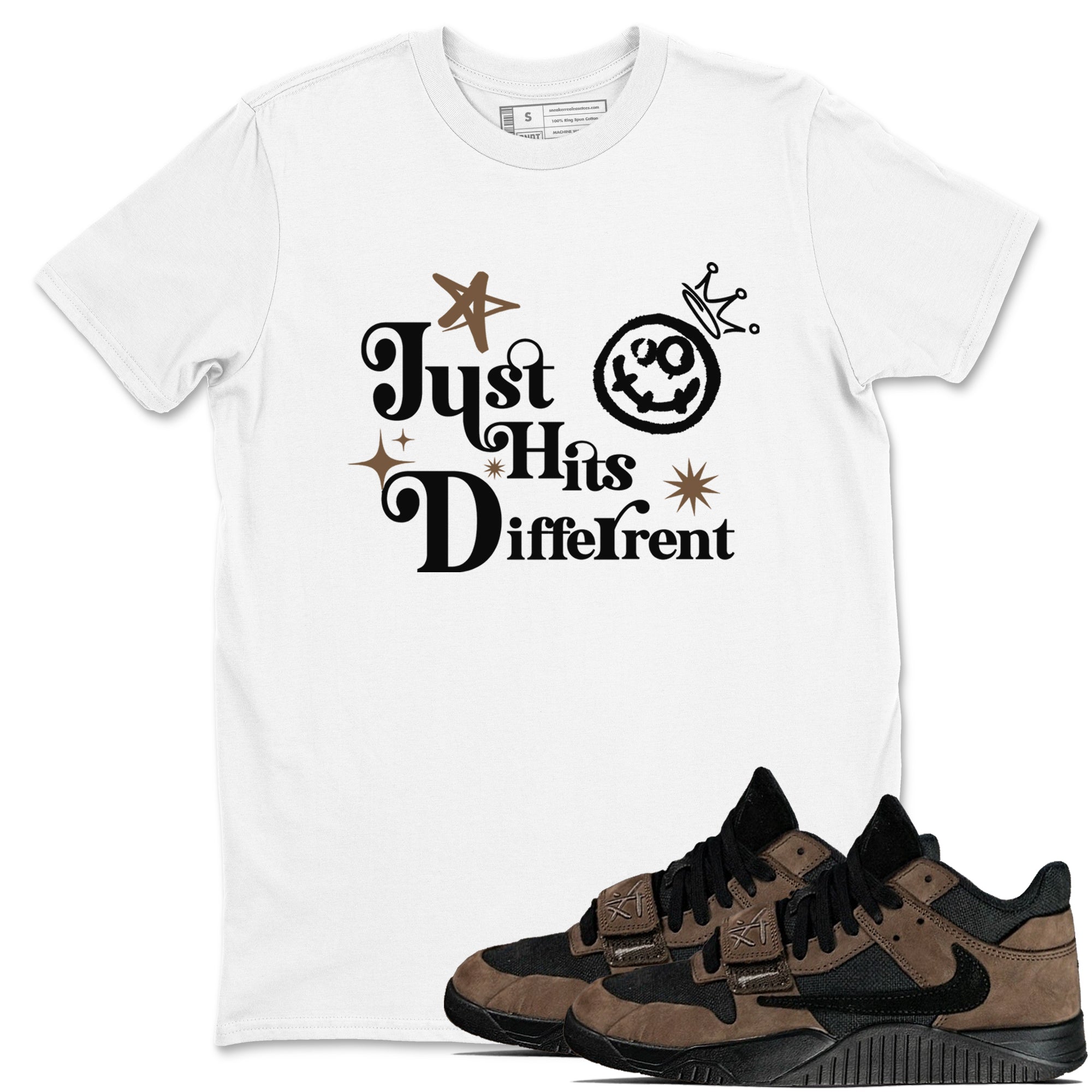 Jordan Jumpman Jack Travis Scott Dark Mocha shirts to match jordans Just Hits Different sneaker match tees Jordan Jumpman Jack Travis Scott Dark Mocha match shoes to clothes Drip Gear Zone unisex cotton White 1 shirts
