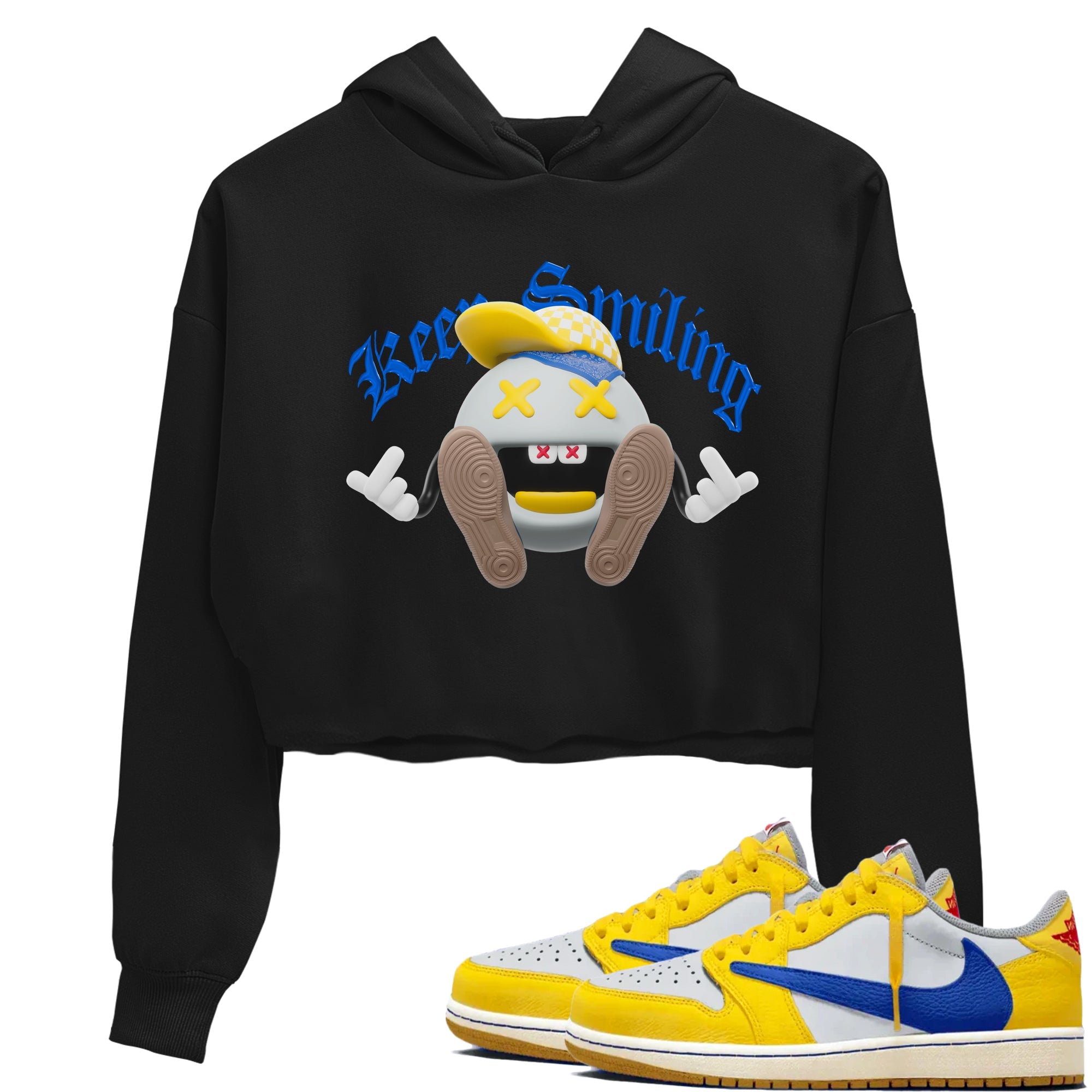 1s Travis Scott Canary shirt to match jordans Keep Smiling sneaker tees Air Jordan 1 Travis Scott Canary Drip Gear Zone Black 1 crop length shirt
