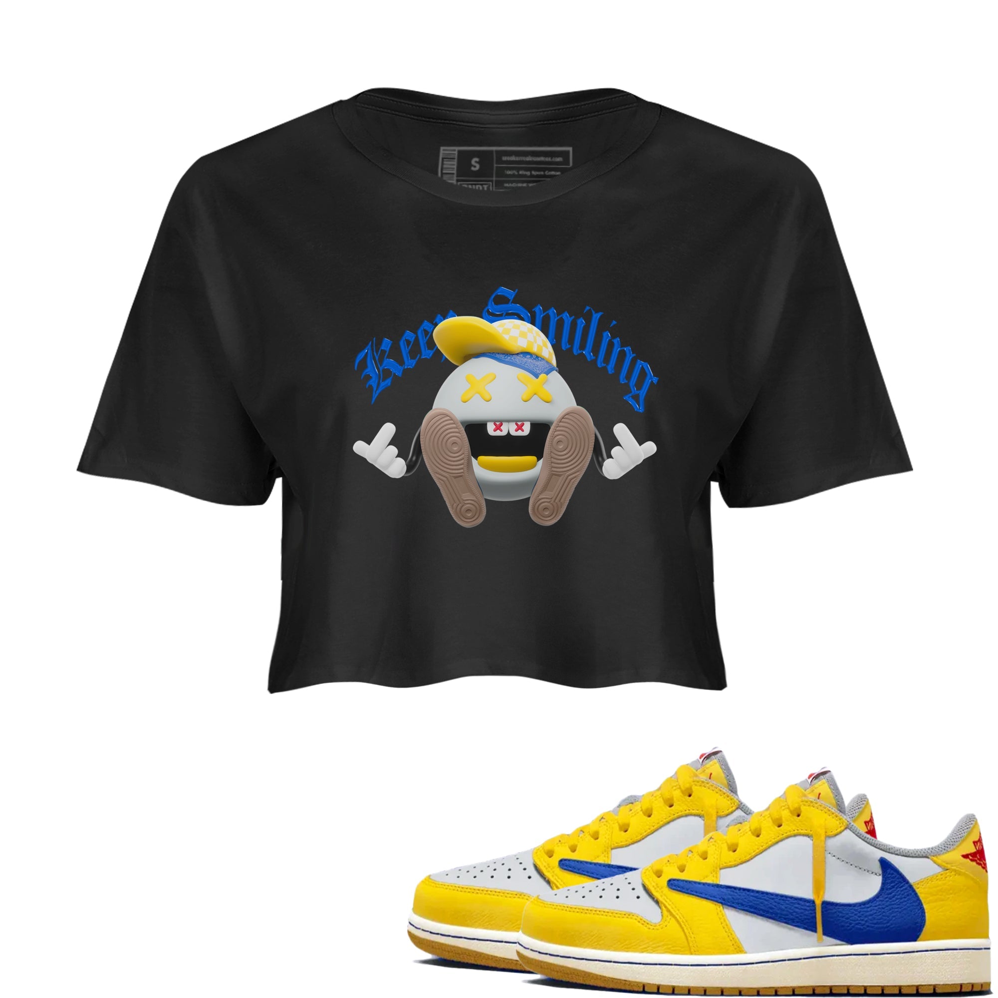 1s Travis Scott Canary shirt to match jordans Keep Smiling sneaker tees Air Jordan 1 Travis Scott Canary Drip Gear Zone Black 1 crop length shirt