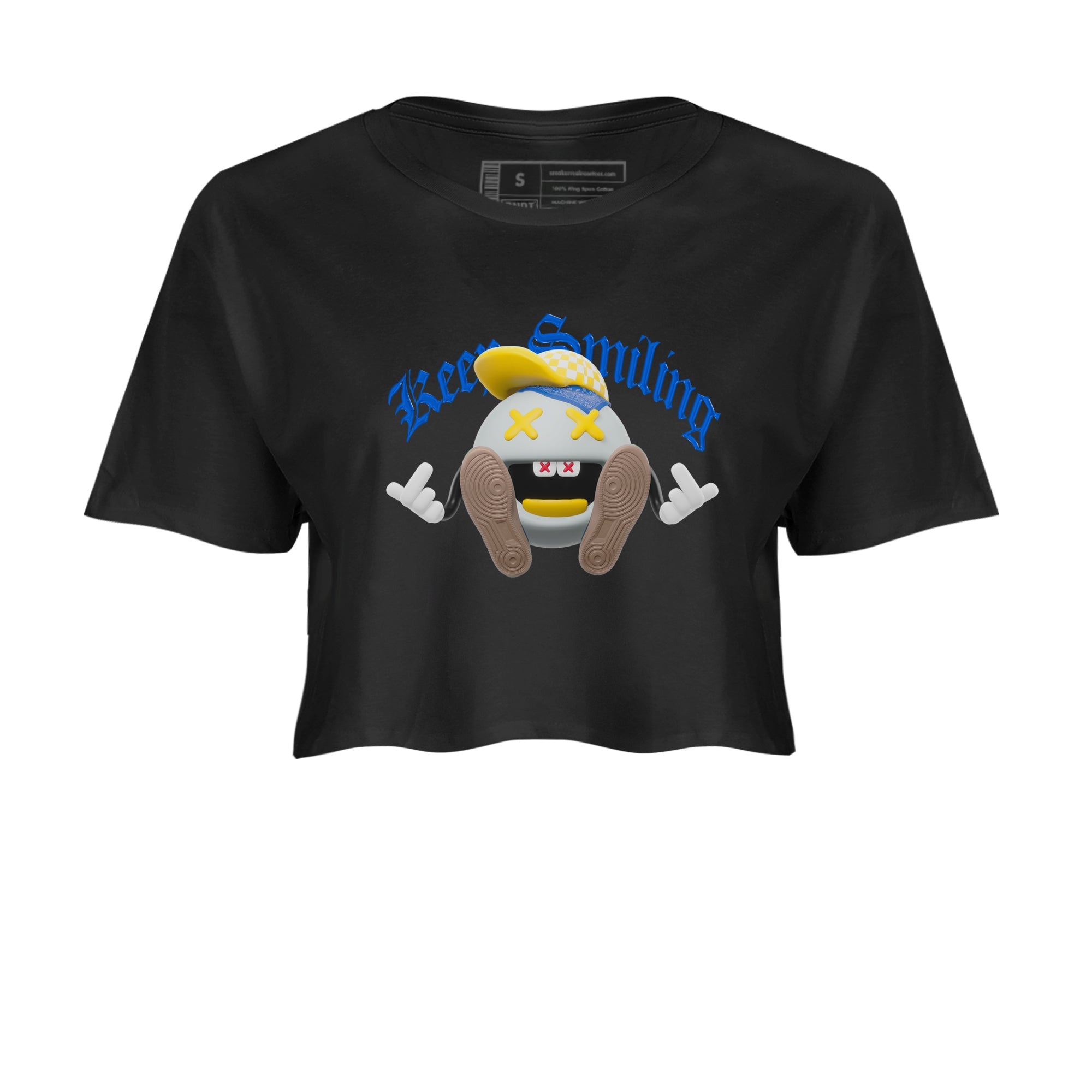 1s Travis Scott Canary shirt to match jordans Keep Smiling sneaker tees Air Jordan 1 Travis Scott Canary Drip Gear Zone Black 2 crop length shirt