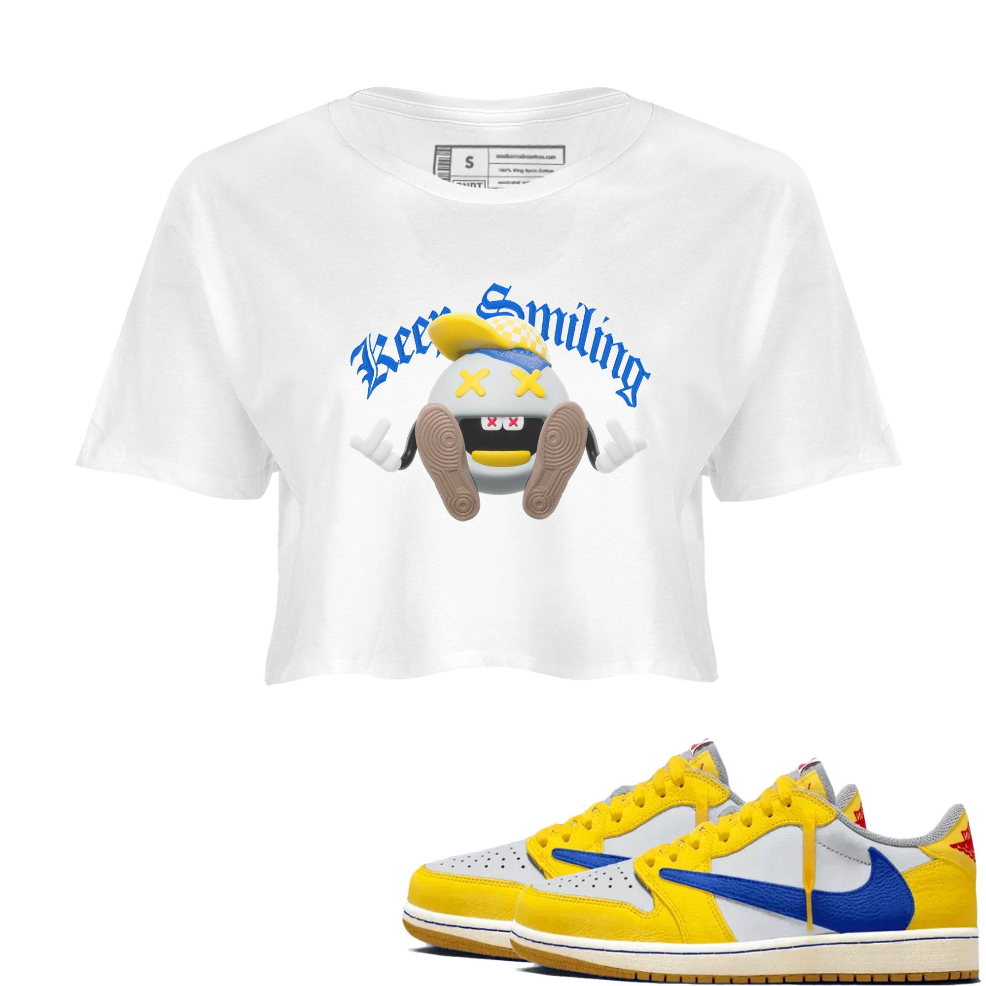 1s Travis Scott Canary shirt to match jordans Keep Smiling sneaker tees Air Jordan 1 Travis Scott Canary Drip Gear Zone White 1 crop length shirt