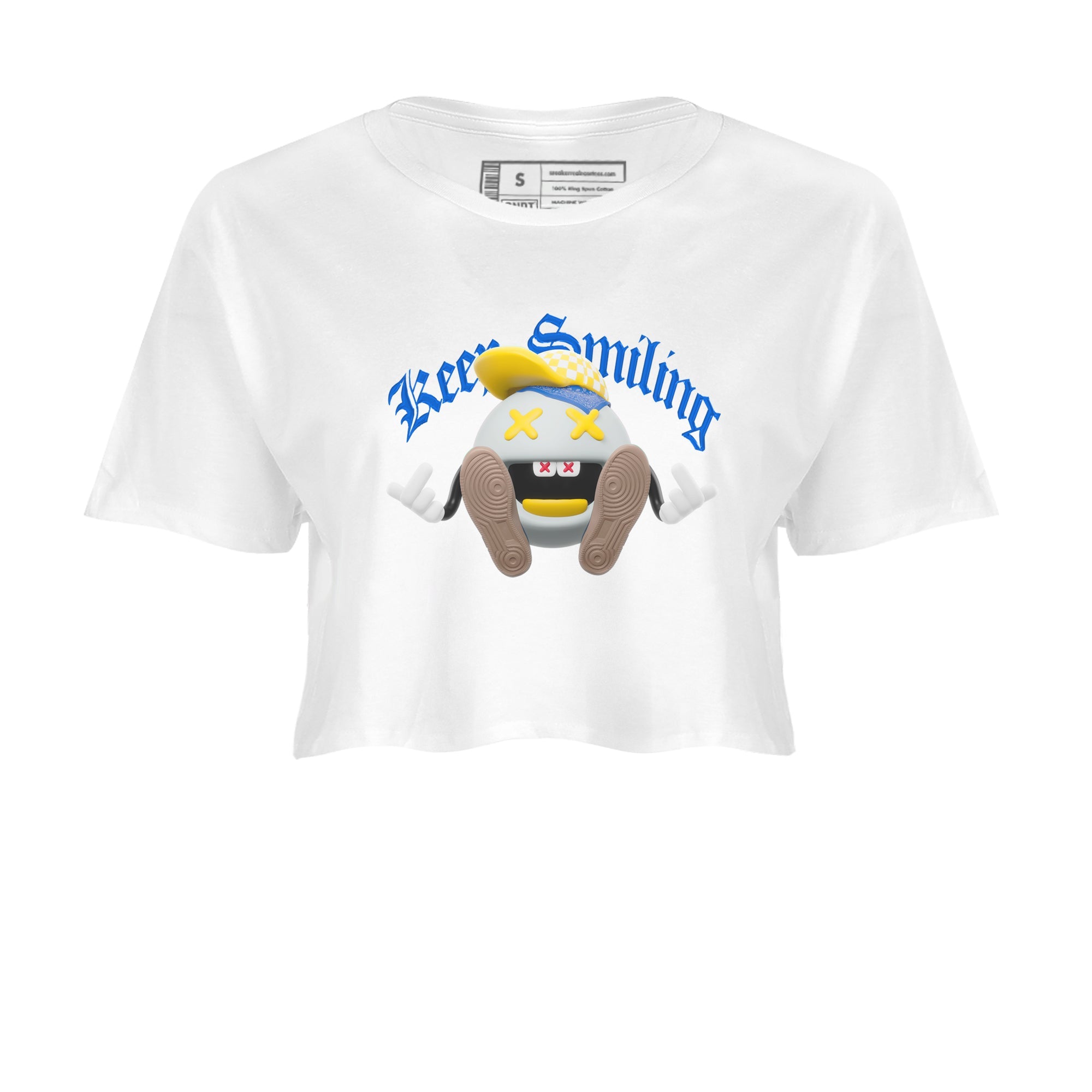 1s Travis Scott Canary shirt to match jordans Keep Smiling sneaker tees Air Jordan 1 Travis Scott Canary Drip Gear Zone White 2 crop length shirt