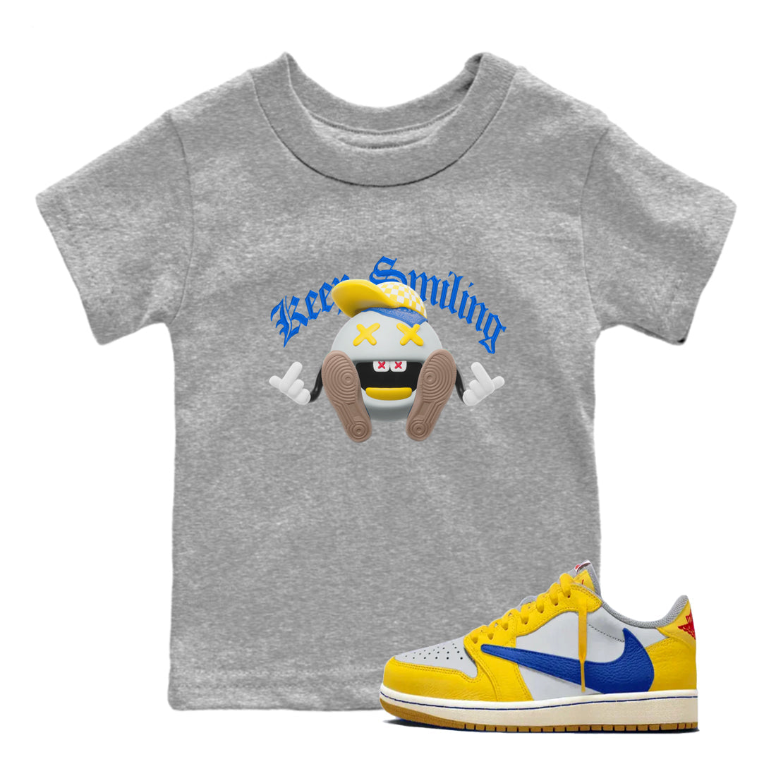 1s Travis Scott Canary shirt to match jordans Keep Smiling sneaker tees Air Jordan 1 Travis Scott Canary Drip Gear Zone baby toddler Heather Grey 1 cotton Shirt
