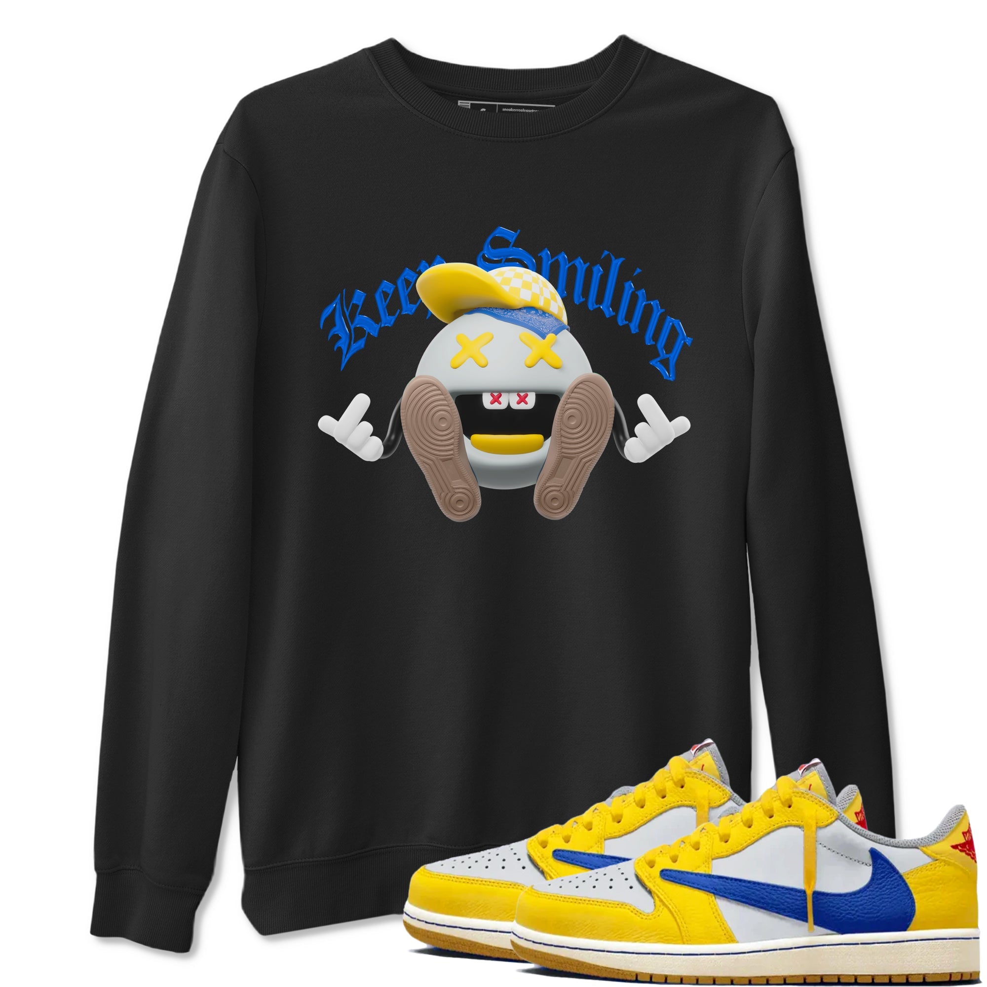 1s Travis Scott Canary shirt to match jordans Keep Smiling sneaker tees Air Jordan 1 Travis Scott Canary Drip Gear Zone unisex cotton Black 1 crew neck shirt
