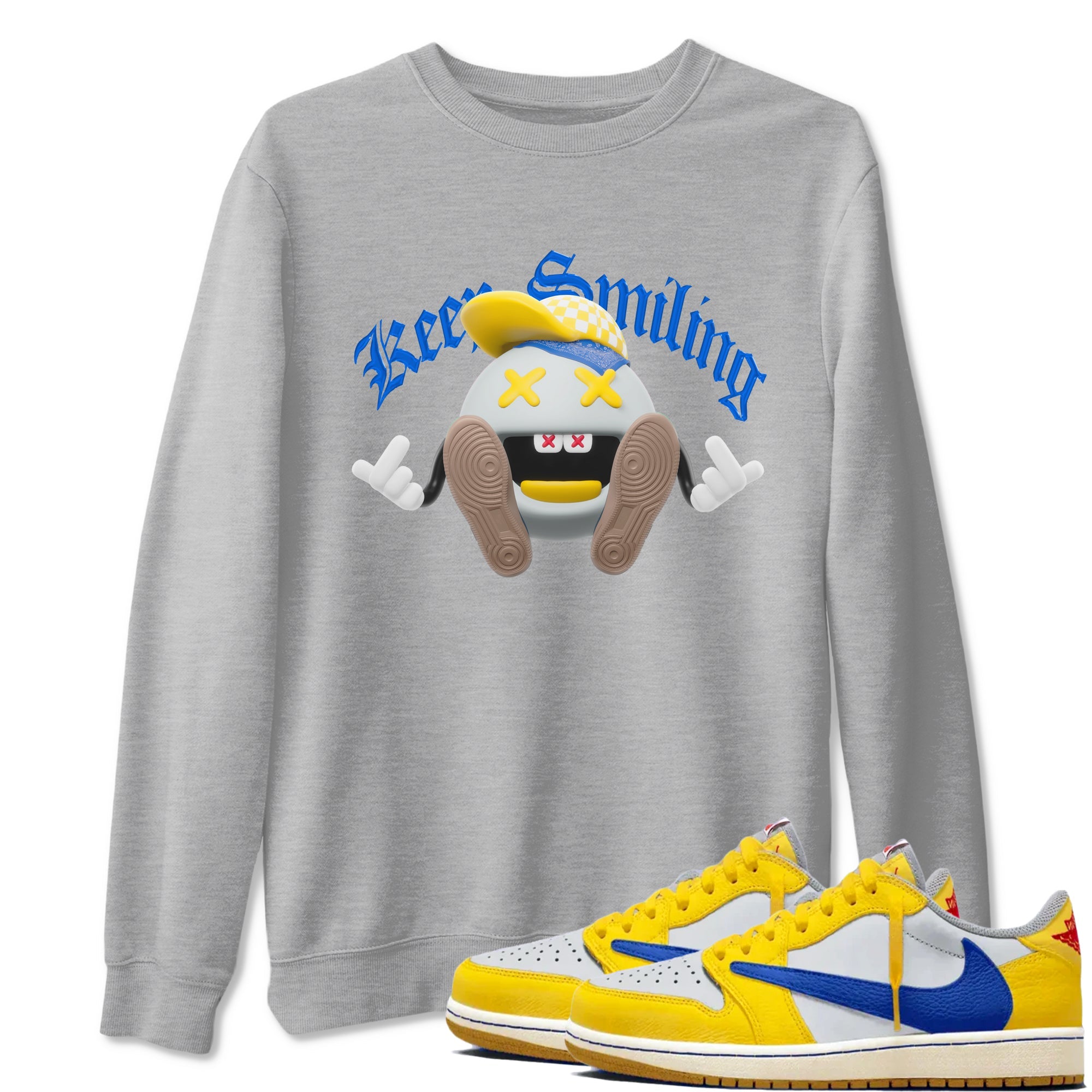 1s Travis Scott Canary shirt to match jordans Keep Smiling sneaker tees Air Jordan 1 Travis Scott Canary Drip Gear Zone unisex cotton Heather Grey 1 crew neck shirt
