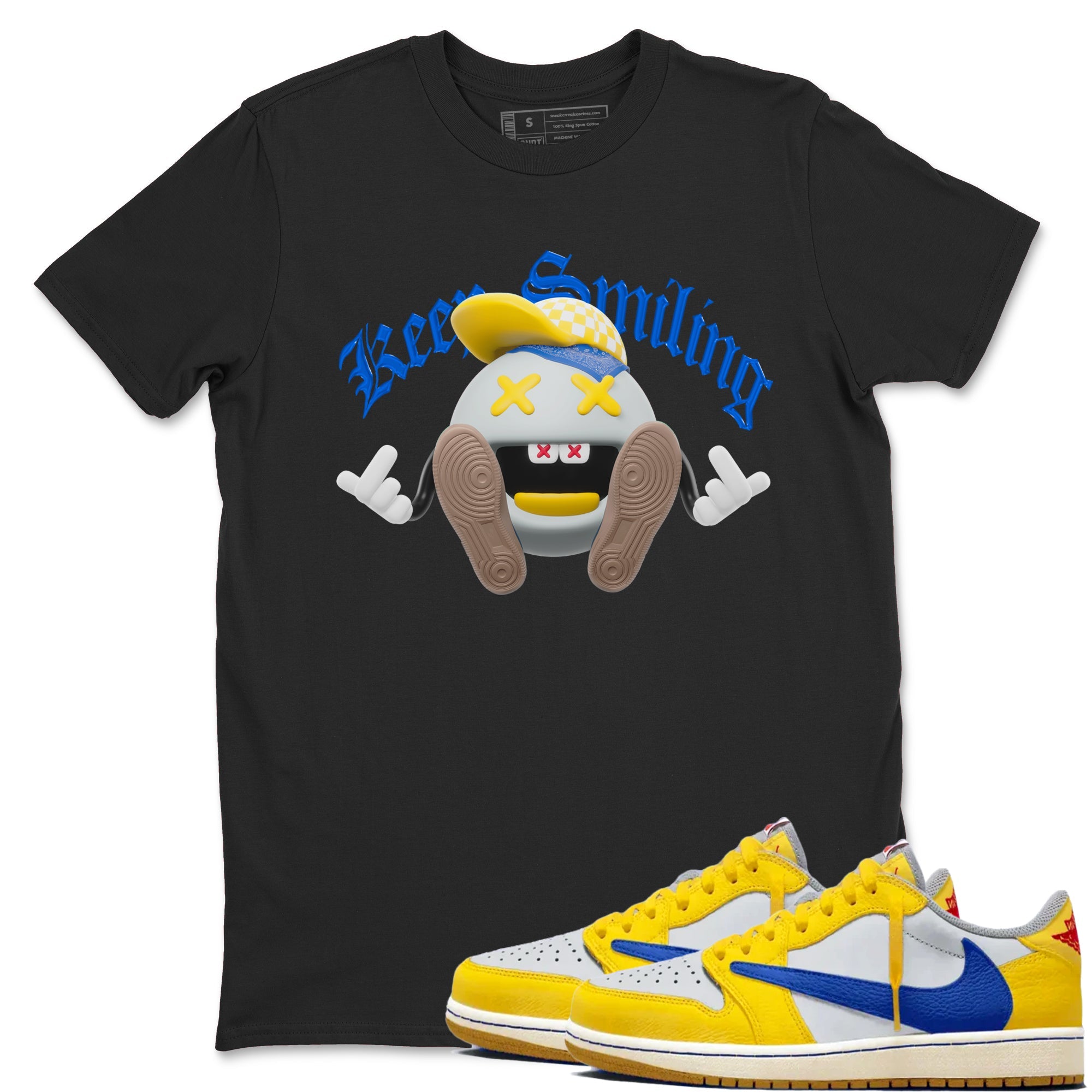 1s Travis Scott Canary shirt to match jordans Keep Smiling sneaker tees Air Jordan 1 Travis Scott Canary Drip Gear Zone unisex cotton Black 1 crew neck shirt