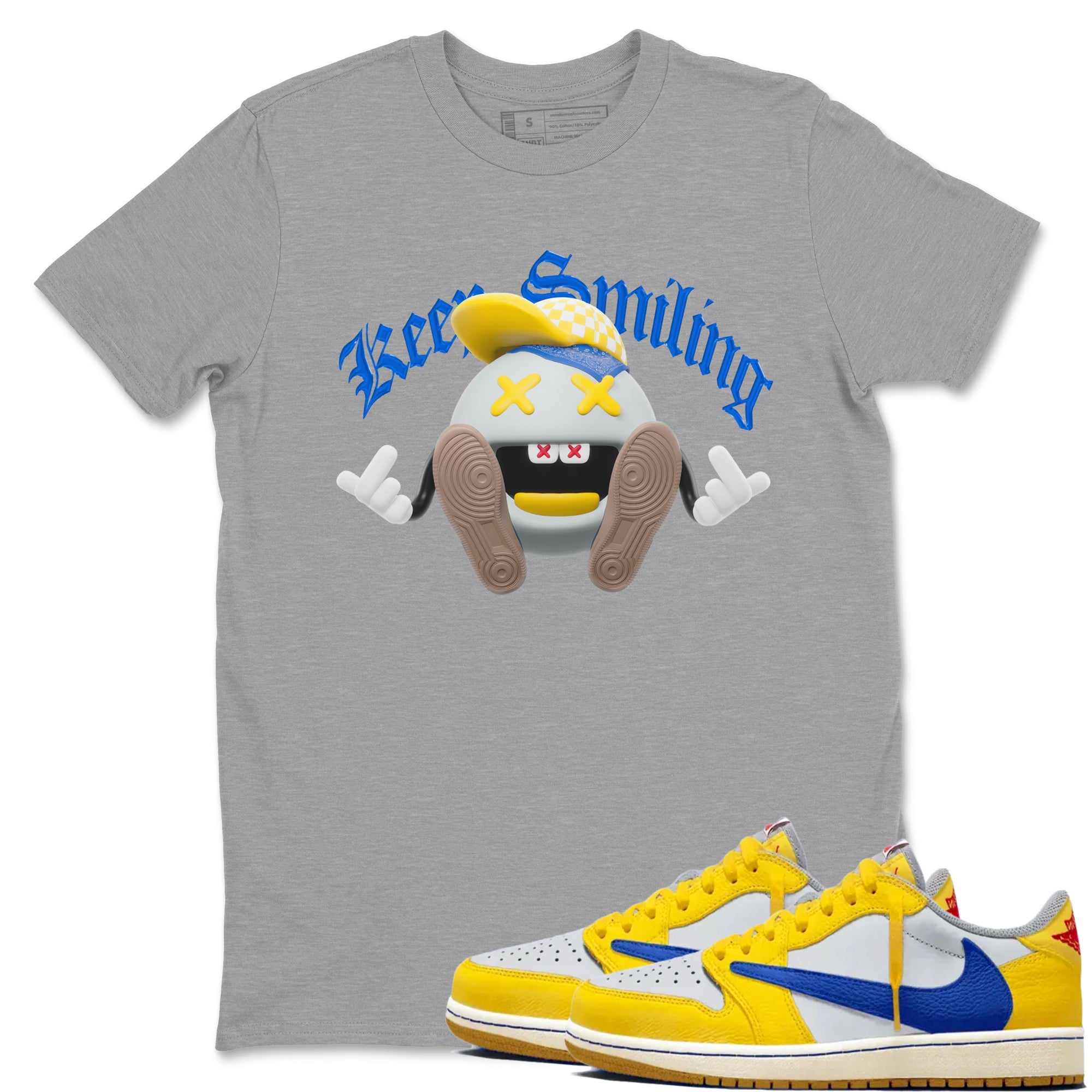 1s Travis Scott Canary shirt to match jordans Keep Smiling sneaker tees Air Jordan 1 Travis Scott Canary Drip Gear Zone unisex cotton Heather Grey 1 crew neck shirt