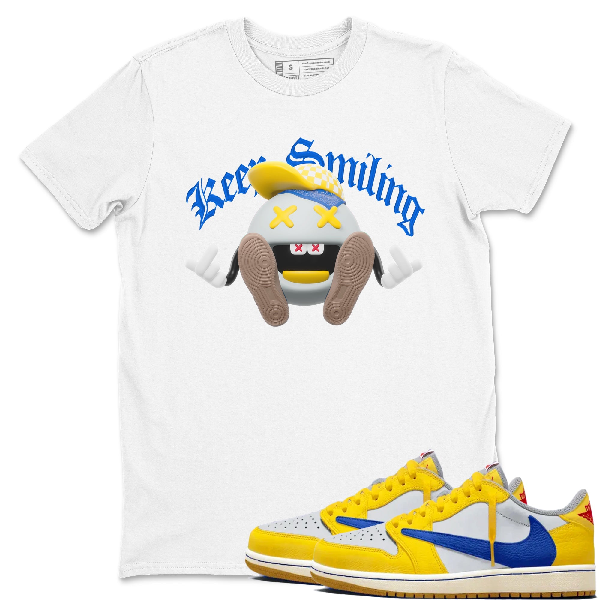 1s Travis Scott Canary shirt to match jordans Keep Smiling sneaker tees Air Jordan 1 Travis Scott Canary Drip Gear Zone unisex cotton White 1 crew neck shirt