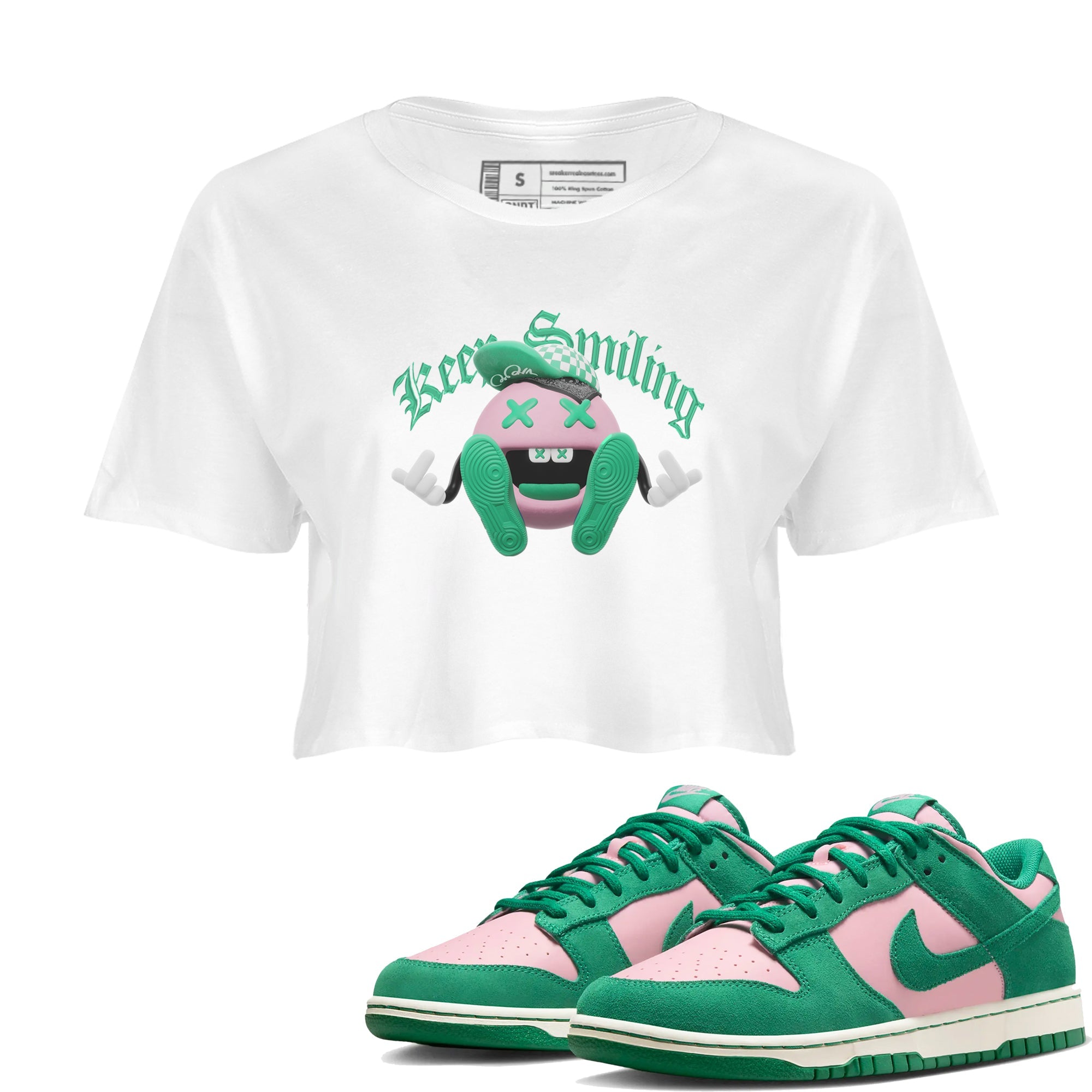 Dunk Low Medium Soft Pink Malachite shirt to match jordans Keep Smiling sneaker tees Dunk Medium Soft Pink Malachite Drip Gear Zone White 1 crop length shirt