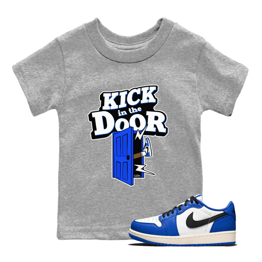 AJ1 Game Royal shirt to match jordans Kick In The Door sneaker tees Air Jordan 1 Game Royal Drip Gear Zone baby toddler Heather Grey 1 cotton Shirt