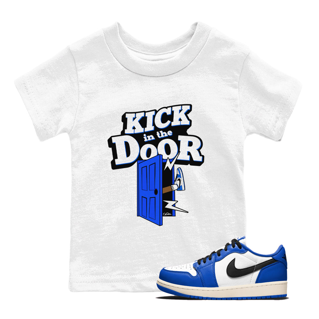 AJ1 Game Royal shirt to match jordans Kick In The Door sneaker tees Air Jordan 1 Game Royal Drip Gear Zone baby toddler White 1 cotton Shirt