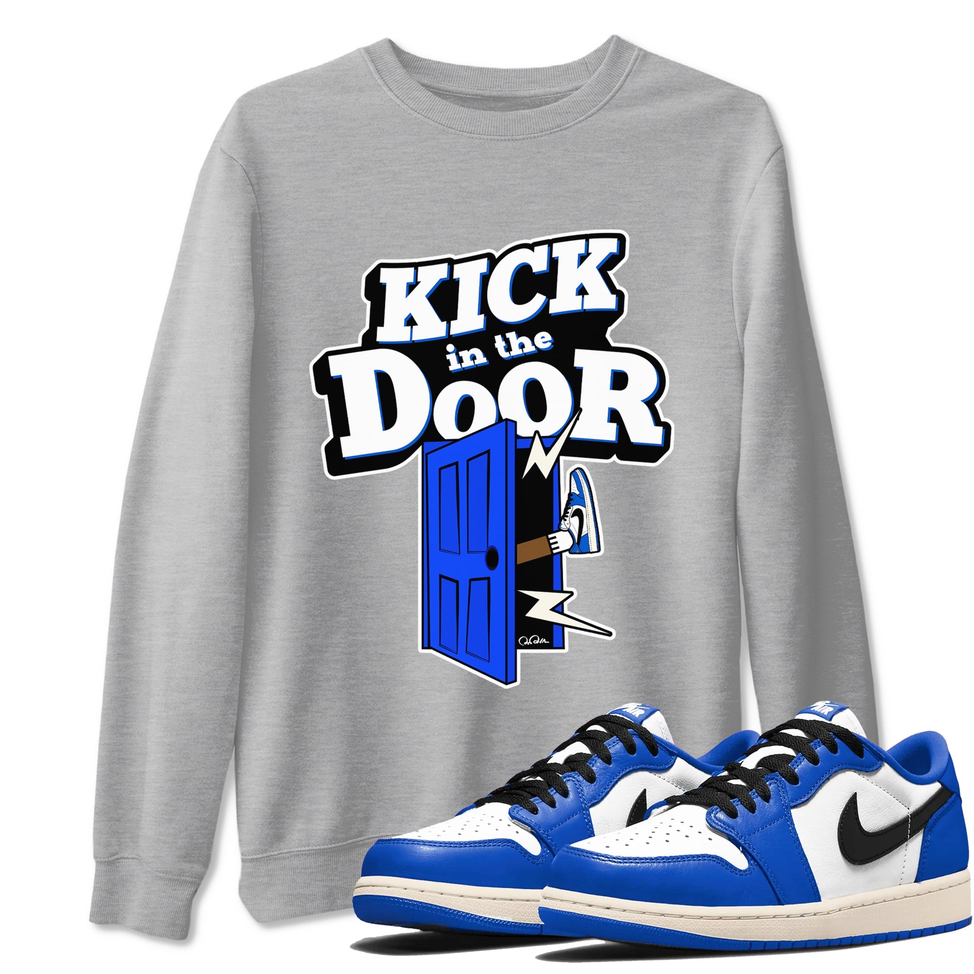 AJ1 Game Royal shirt to match jordans Kick In The Door sneaker tees Air Jordan 1 Game Royal Drip Gear Zone unisex cotton Heather Grey 1 crew neck shirt