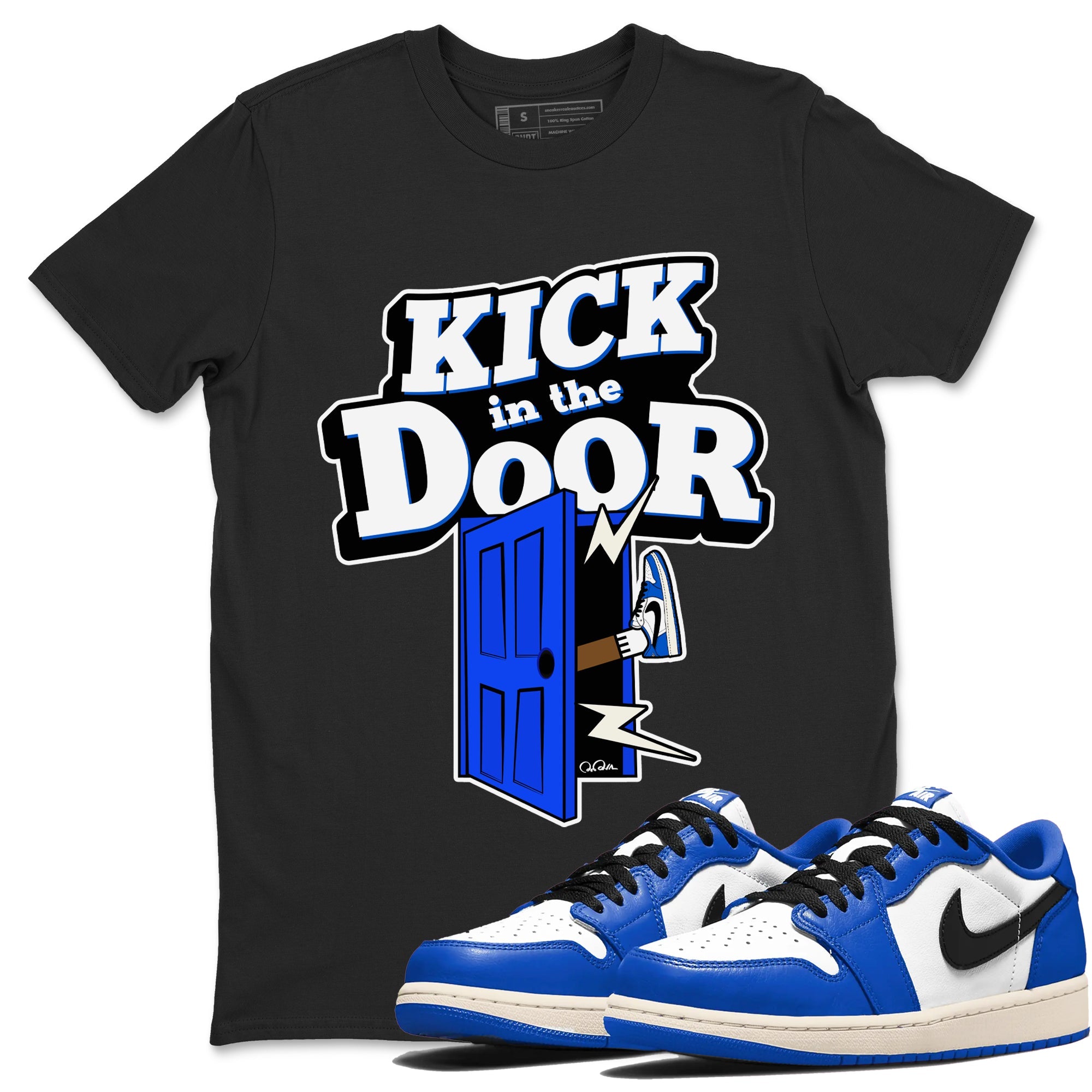 AJ1 Game Royal shirt to match jordans Kick In The Door sneaker tees Air Jordan 1 Game Royal Drip Gear Zone unisex cotton Black 1 crew neck shirt