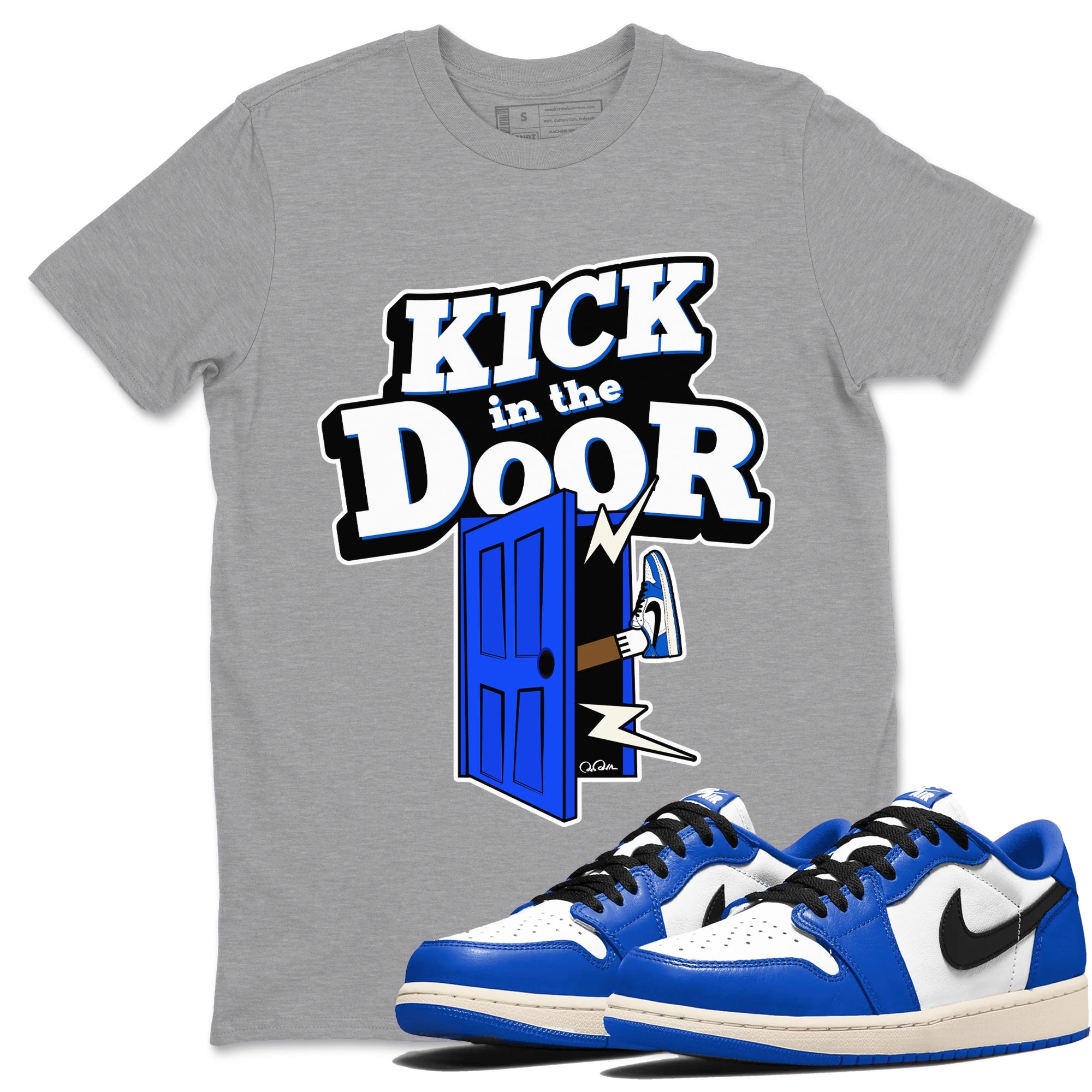 AJ1 Game Royal shirt to match jordans Kick In The Door sneaker tees Air Jordan 1 Game Royal Drip Gear Zone unisex cotton Heather Grey 1 crew neck shirt