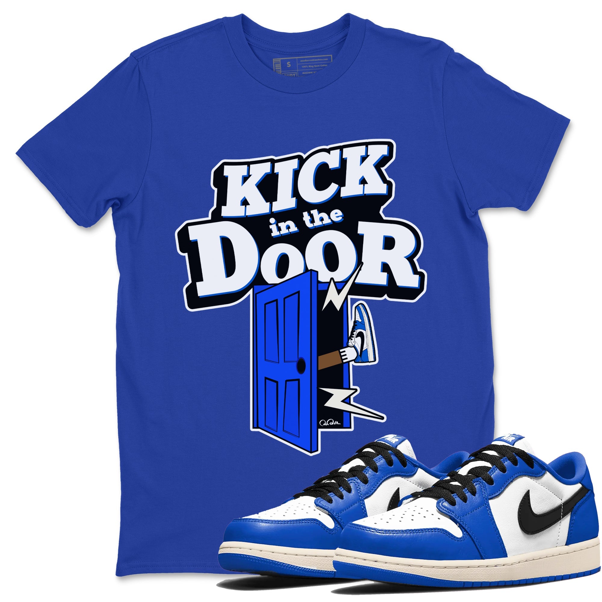 AJ1 Game Royal shirt to match jordans Kick In The Door sneaker tees Air Jordan 1 Game Royal Drip Gear Zone unisex cotton Royal Blue 1 crew neck shirt
